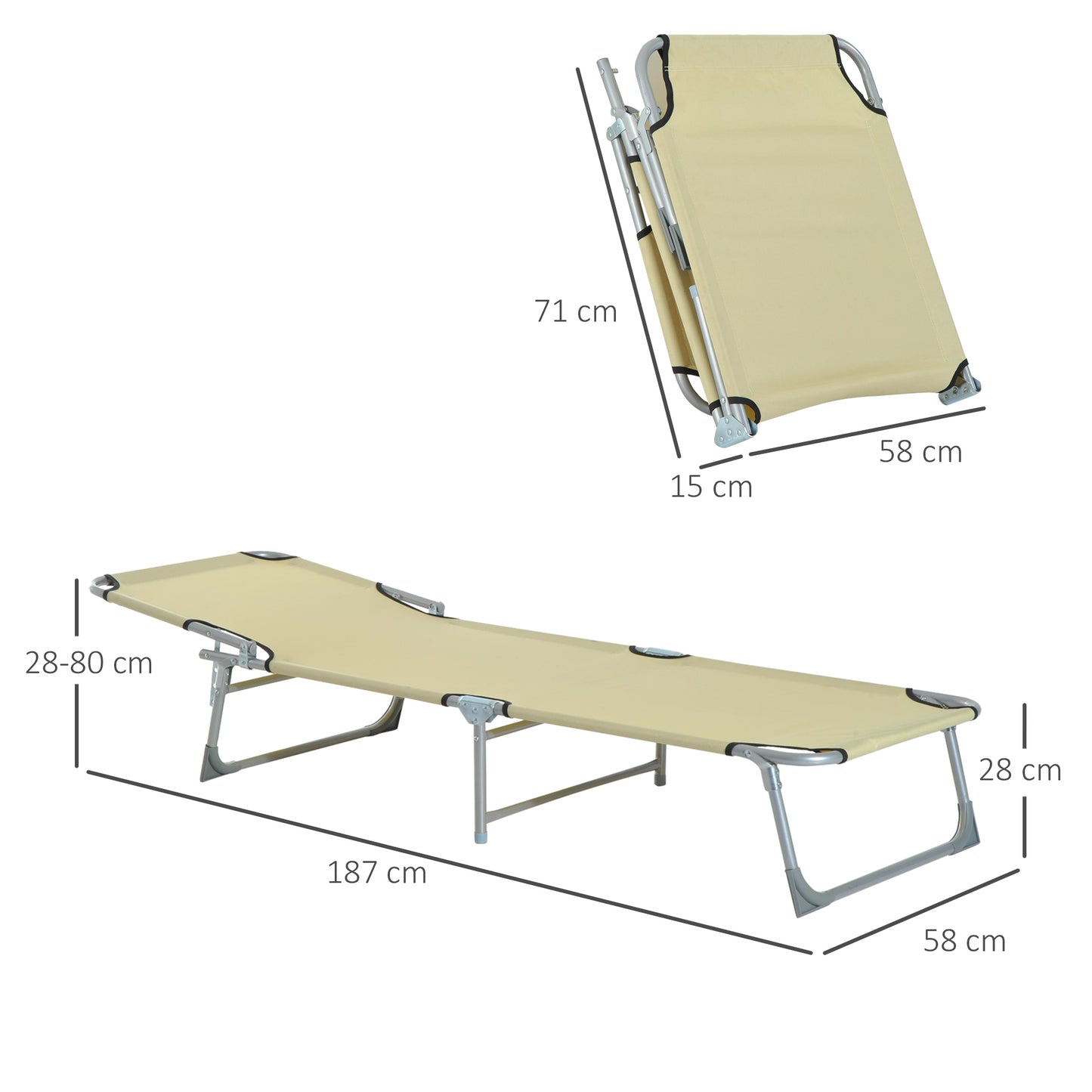 Outsunny Reclining Sun Lounger Chair Folding Camping Bed with 4-Position Adjustable Backrest, for Travel Indoor Outdoor Office Fishing