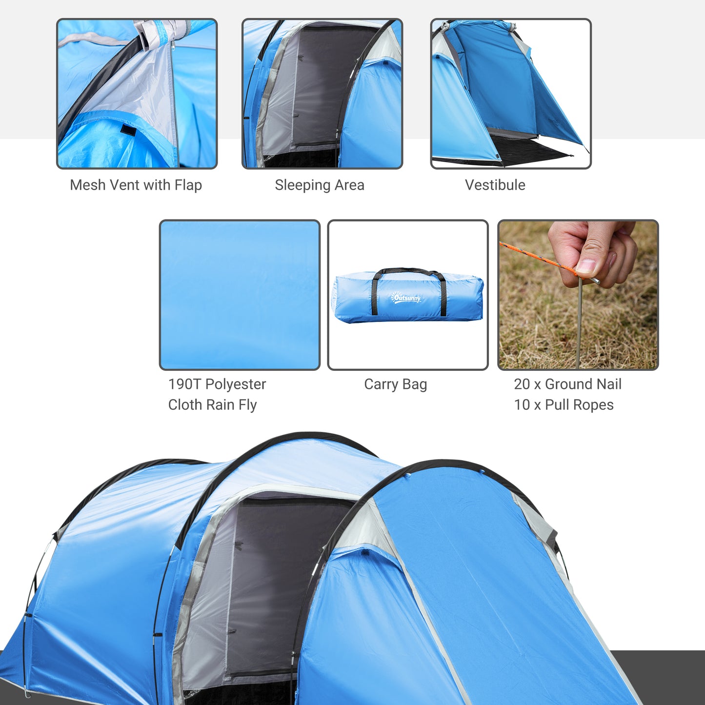 Outsunny 2-3 Man Tunnel Tent with Vestibule, Weather-Resistant Camping Tent with Air Vents for Fishing Hiking