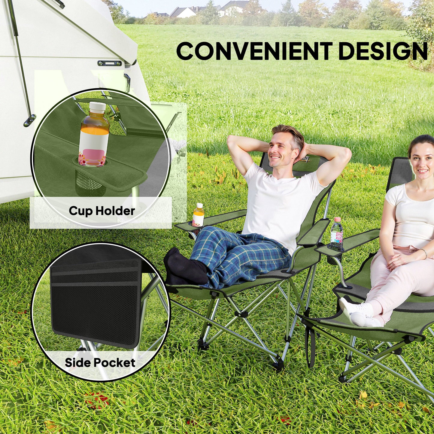 Outsunny Set of 2 Reclining Folding Camping Chair w/ Detachable Footrest, Storage Bag, Cup Holder & Headrest, Lightweight Portable Camp Chair for Beach, Picnic