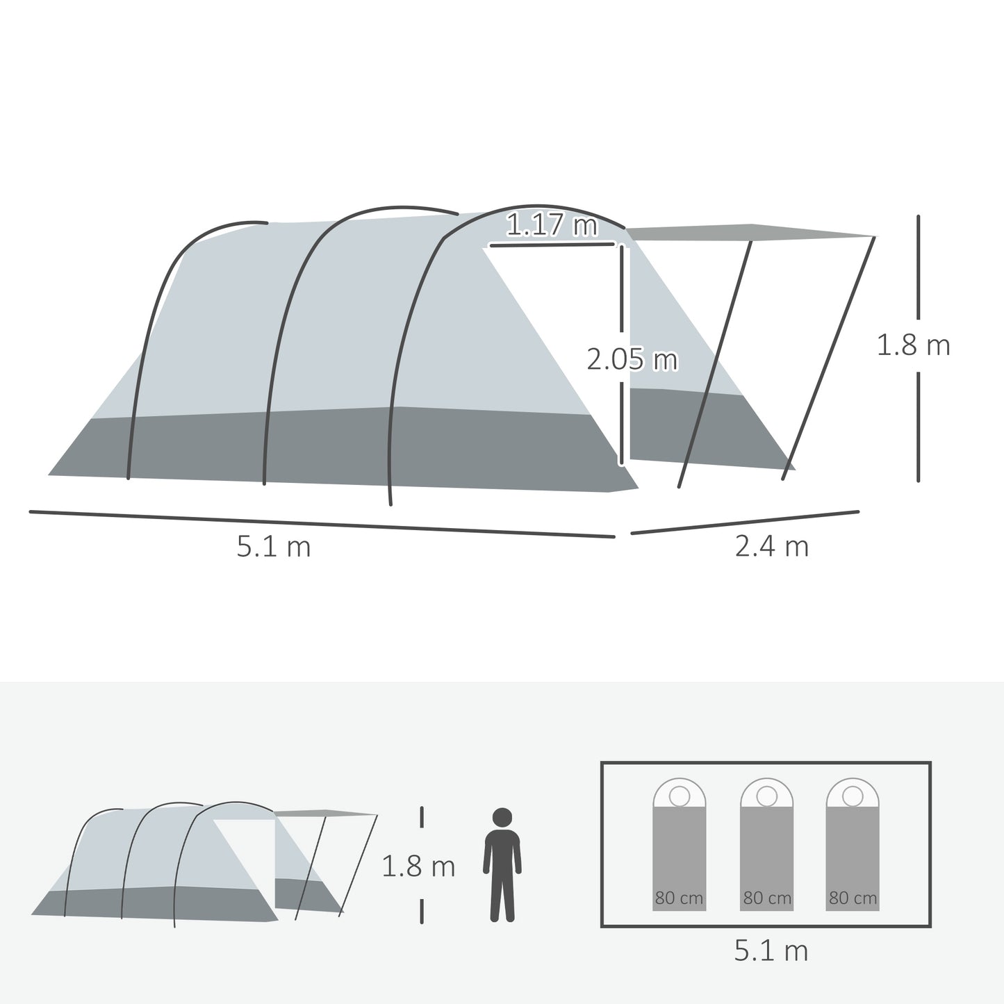 Outsunny 6-8 Person Tunnel Tent, Camping Tent with Bedroom, Living Room, Sewn-in Floor, 3 Doors and Carry Bag, 2000mm Water Column for Fishing, Hiking, Sports, and Traveling
