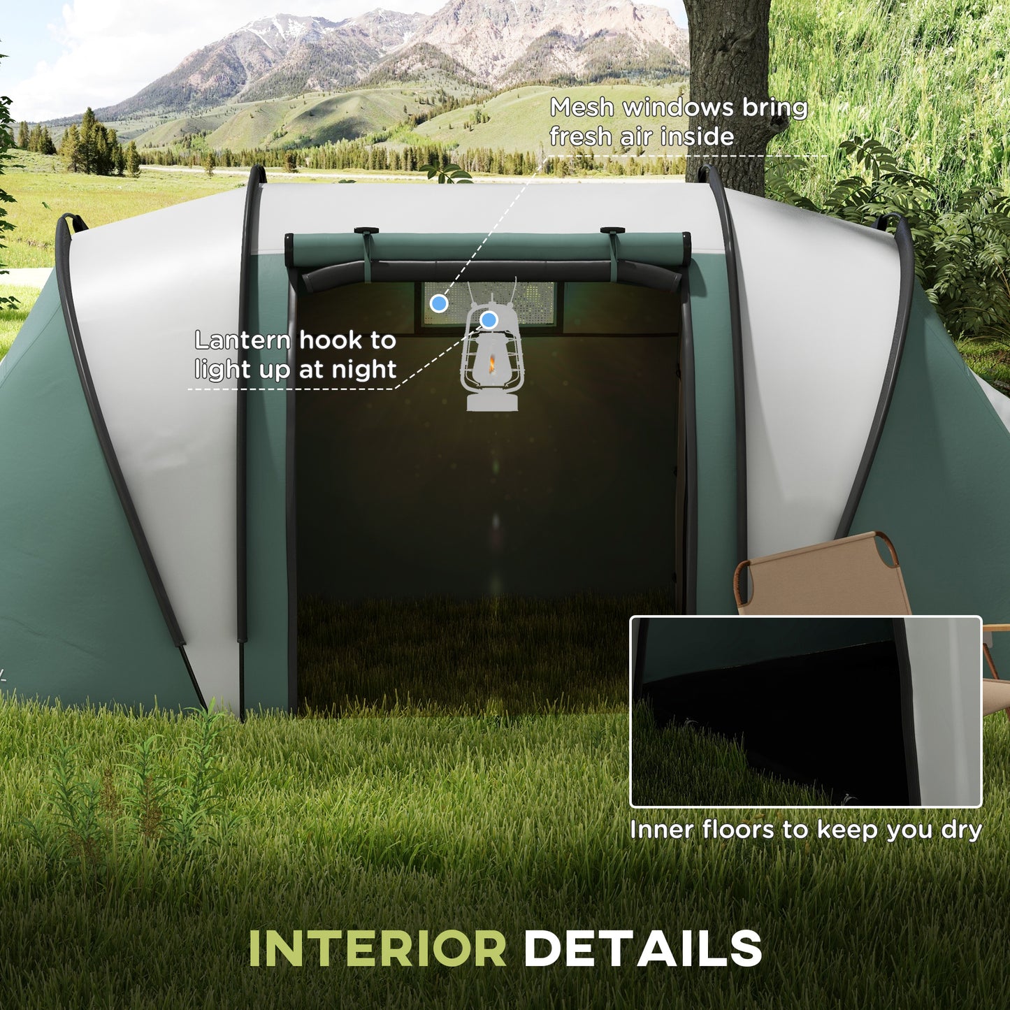 Outsunny Camping Tent with 2 Bedrooms and Living Area, 3000mm Waterproof Family Tent, for Fishing Hiking Festival