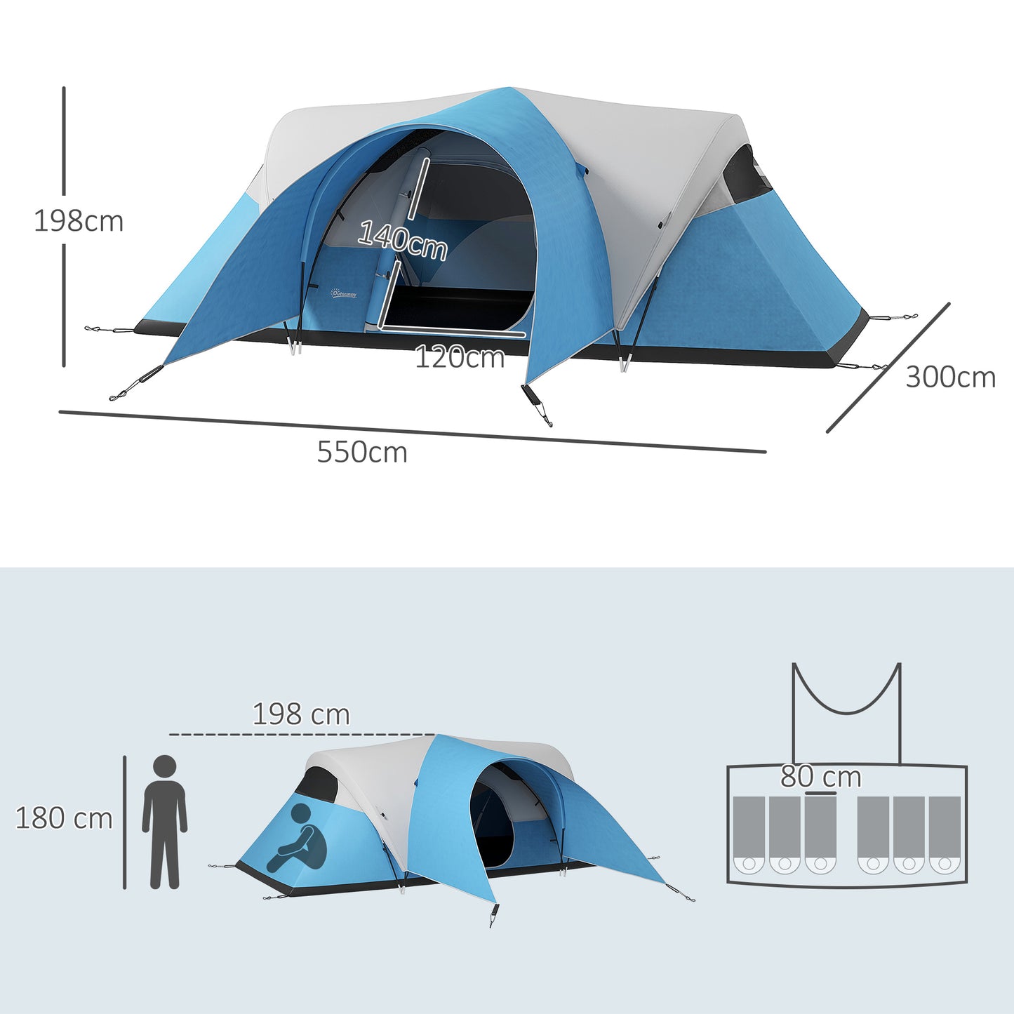 Outsunny 3000mm Waterproof Camping Tent for 5-6 Man, Family Tent with Porch and Sewn in Groundsheet, Portable with Bag