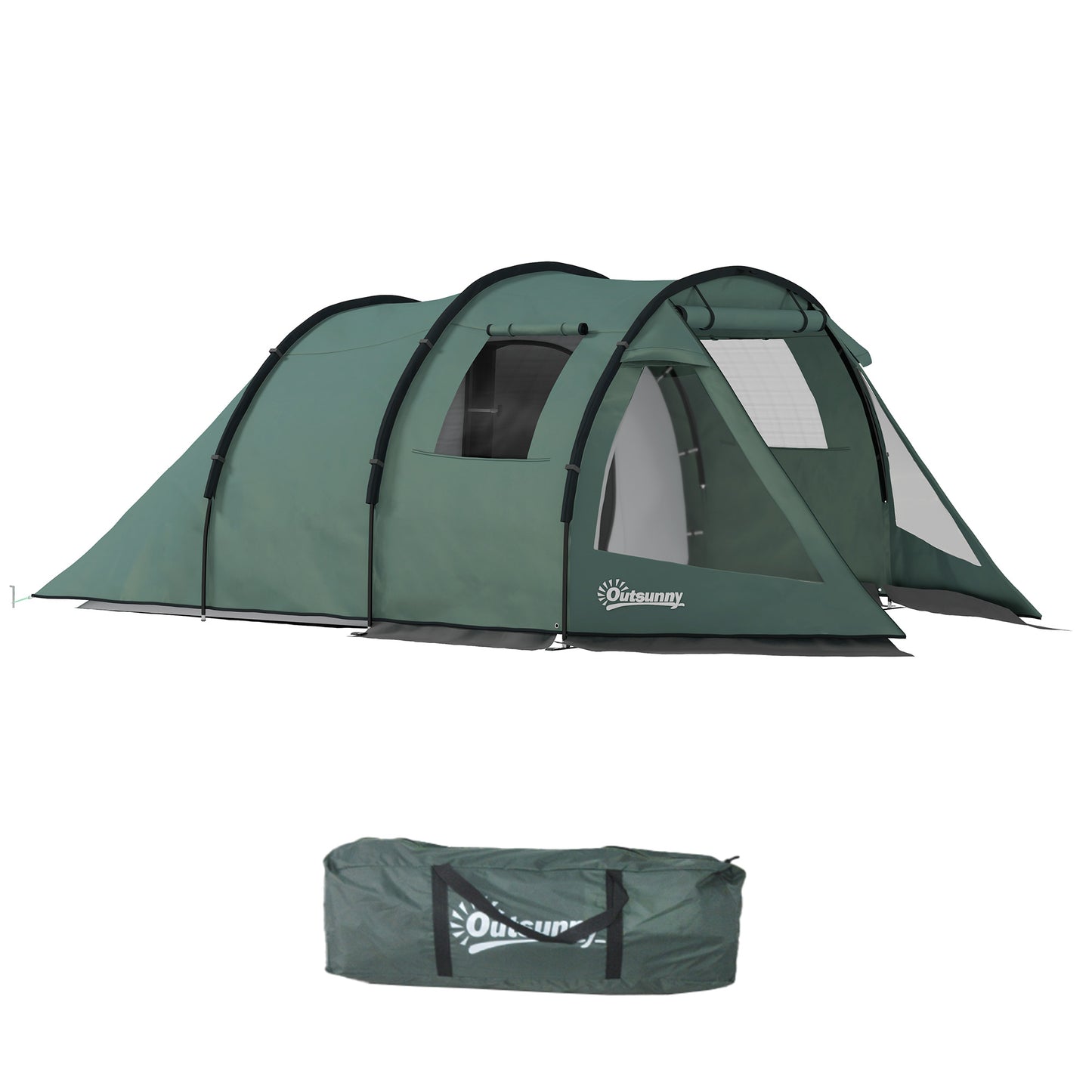 Outsunny Two Room Tunnel Tent Camping Tent for 3-4 Man with Windows, Covers, Carry Bag, for Fishing, Hiking, Sports