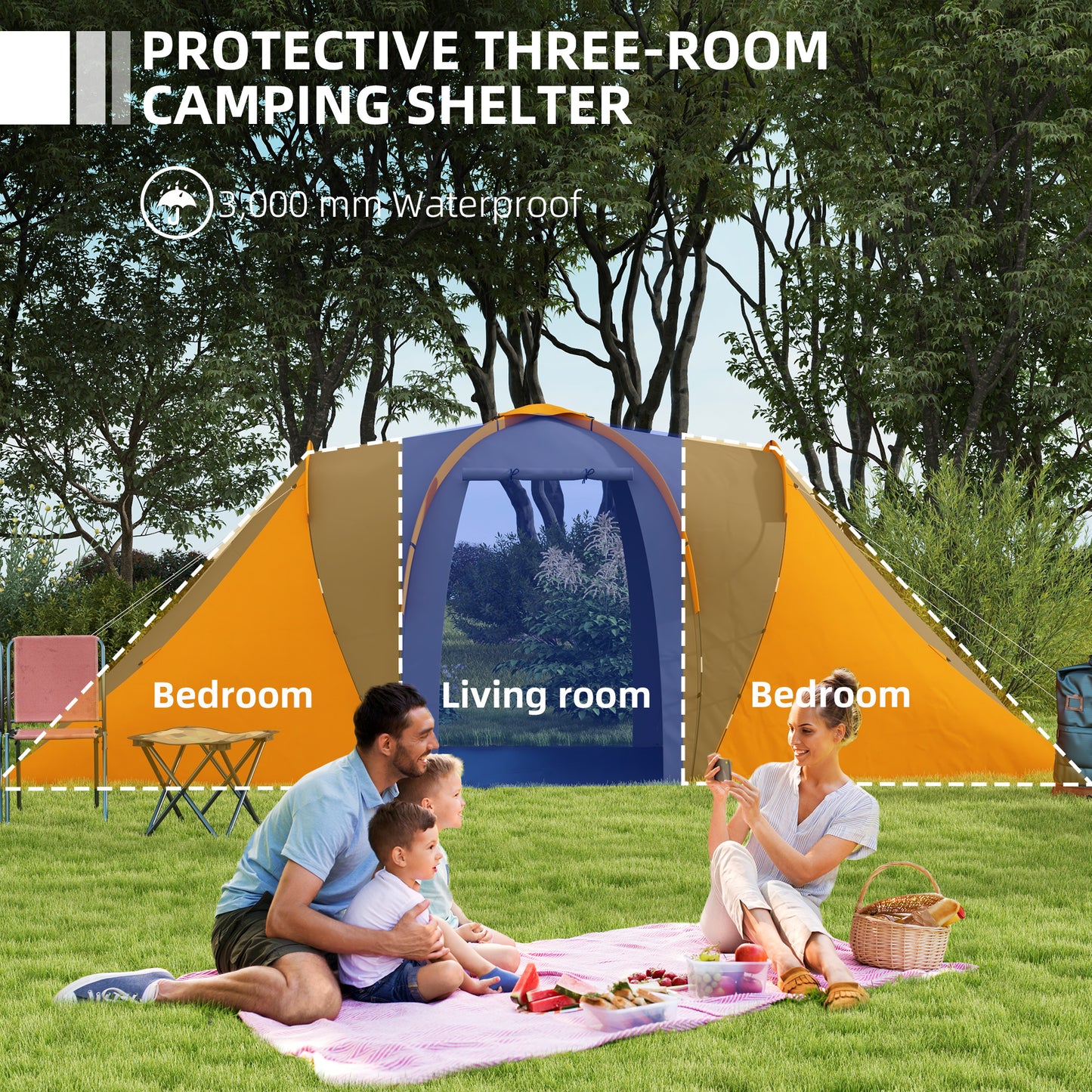 Outsunny Large Camping Tent Tunnel Tent with 2 Bedroom and Living Area, 2000mm Waterproof, Portable with Bag for 4-6 Man