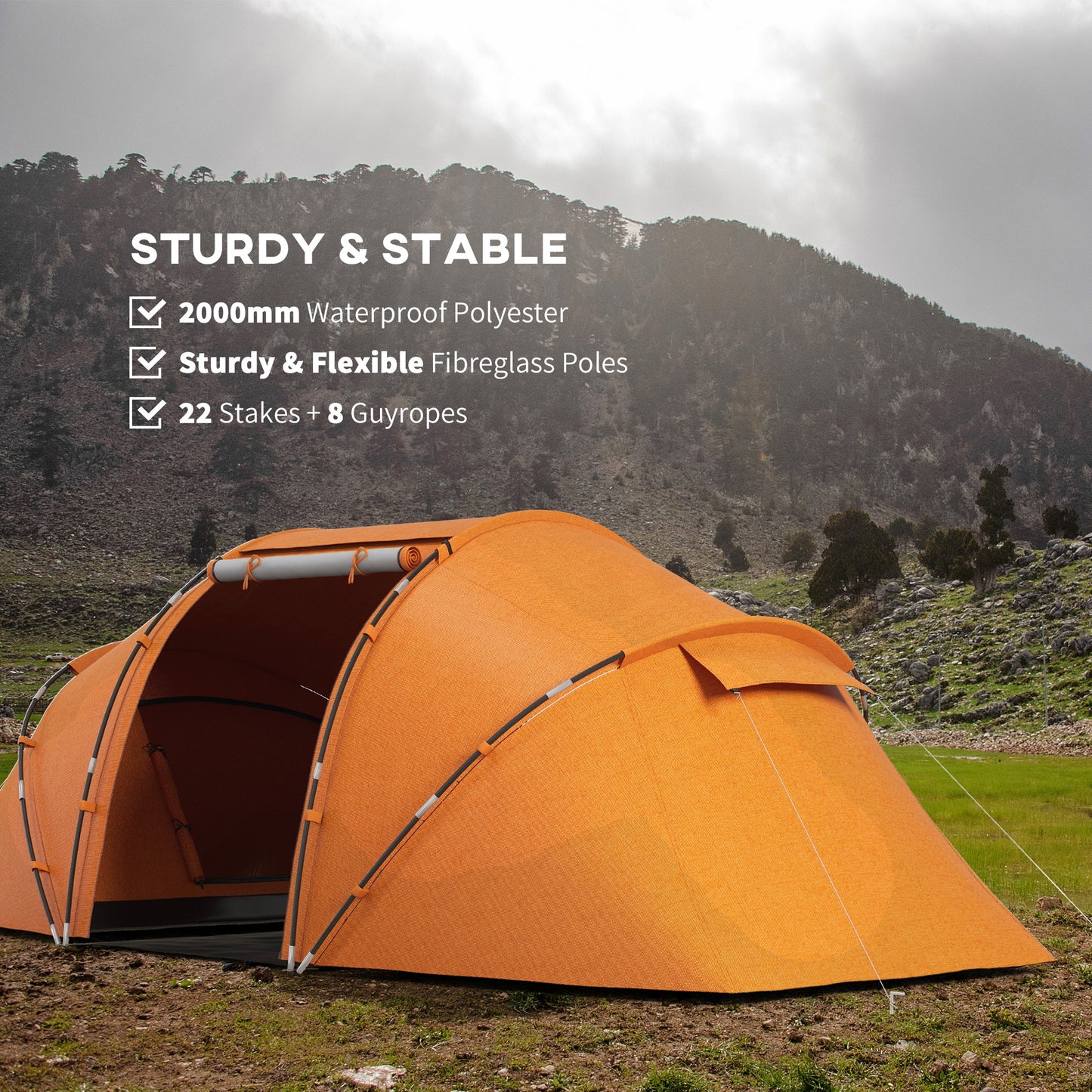 Outsunny 4-6 Man Camping Tent with Living Area and 2 Bedrooms, Hiking Sun Shelter, UV Protection Tunnel Tent