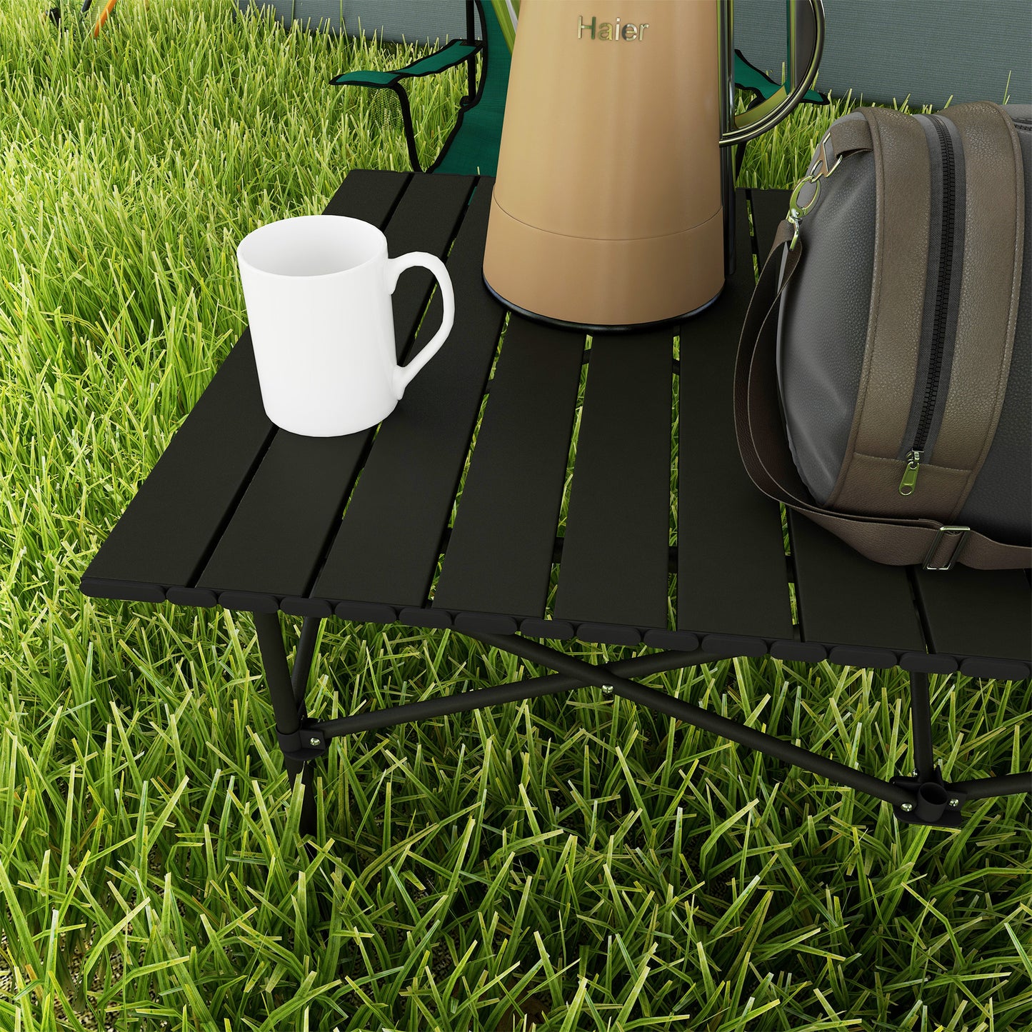 Outsunny Two-Seater Portable Aluminium Table, with Roll-Up Tabletop and Bag