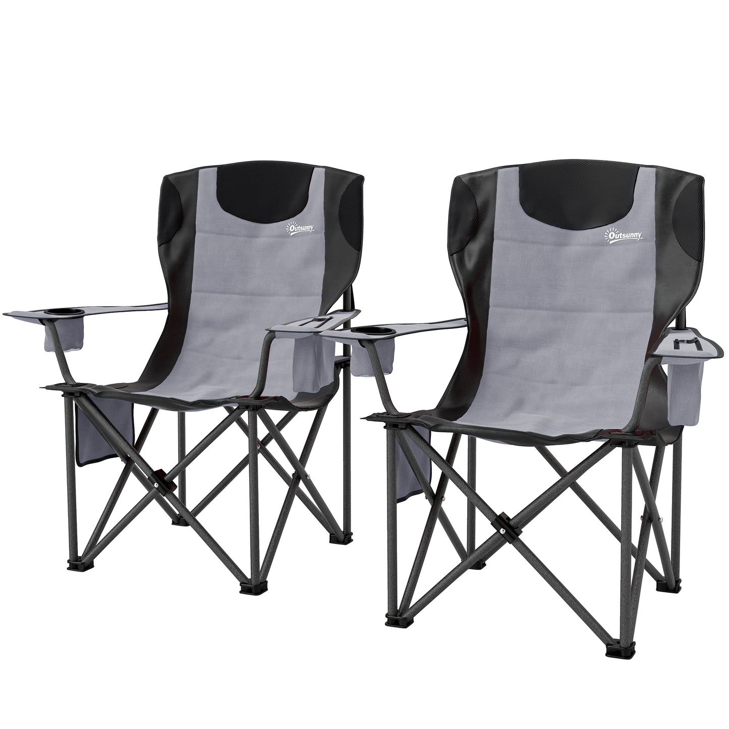 Outsunny Set of 2 Folding Camping Chairs, Padded Camping Chairs with Adjustable Armrests, Portable & Lightweight Folding Camp Chair with Cooler Bag, Cup Holder and Side Pockets