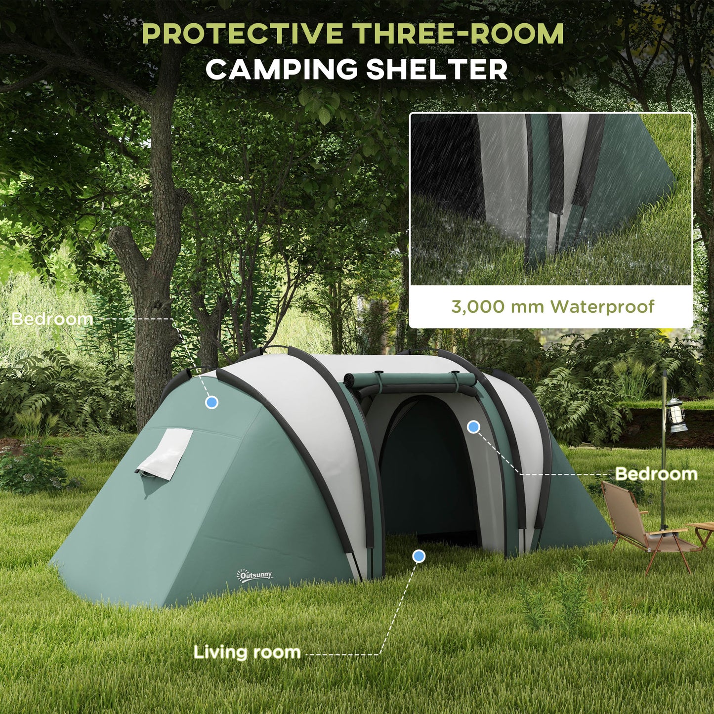 Outsunny Camping Tent with 2 Bedrooms and Living Area, 3000mm Waterproof Family Tent, for Fishing Hiking Festival