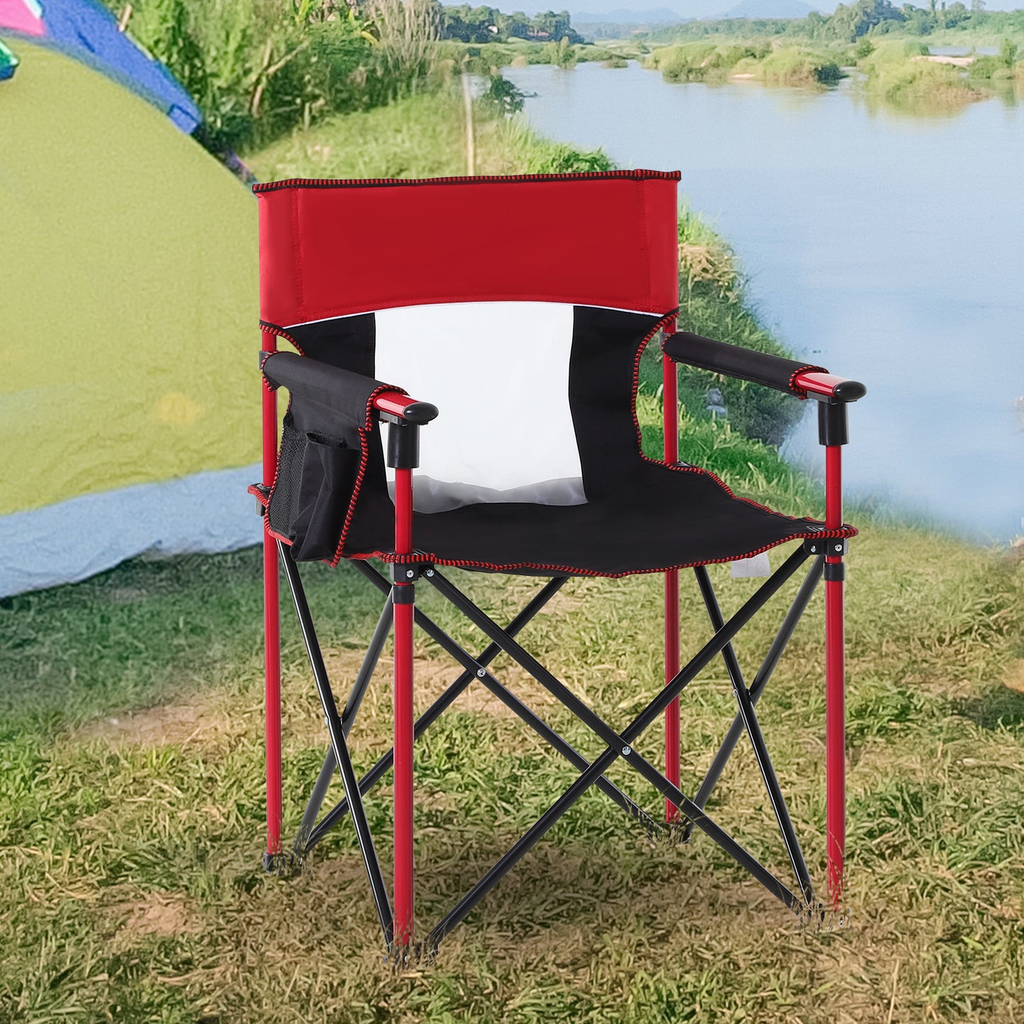 Outsunny Folding Fishing Camping Chair Portable Picnic Armchair Director Seat Oxford Metal Frame with Cup Holder, Phone Pocket - Red