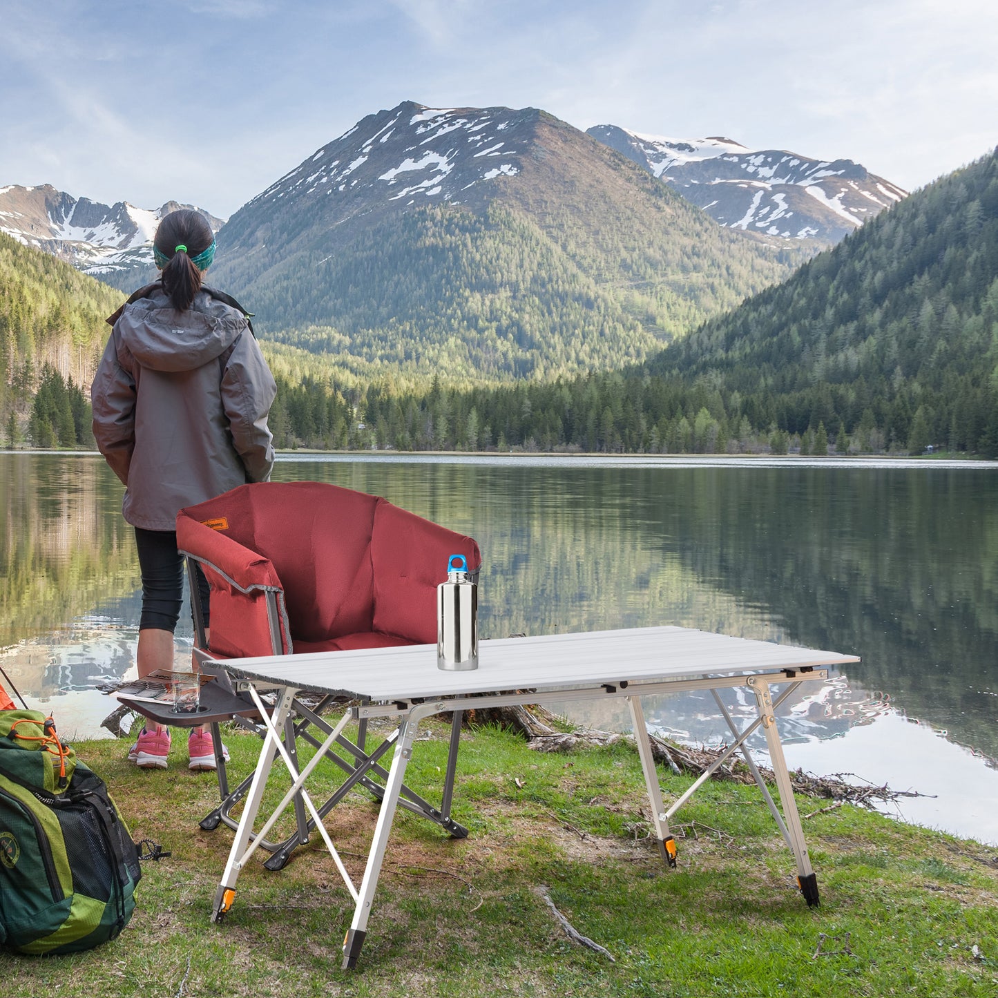 Outsunny 4FT Folding Aluminium Picnic Table Portable Camping BBQ Table Roll Up Top Mesh Layer Rack with Carrying Bag