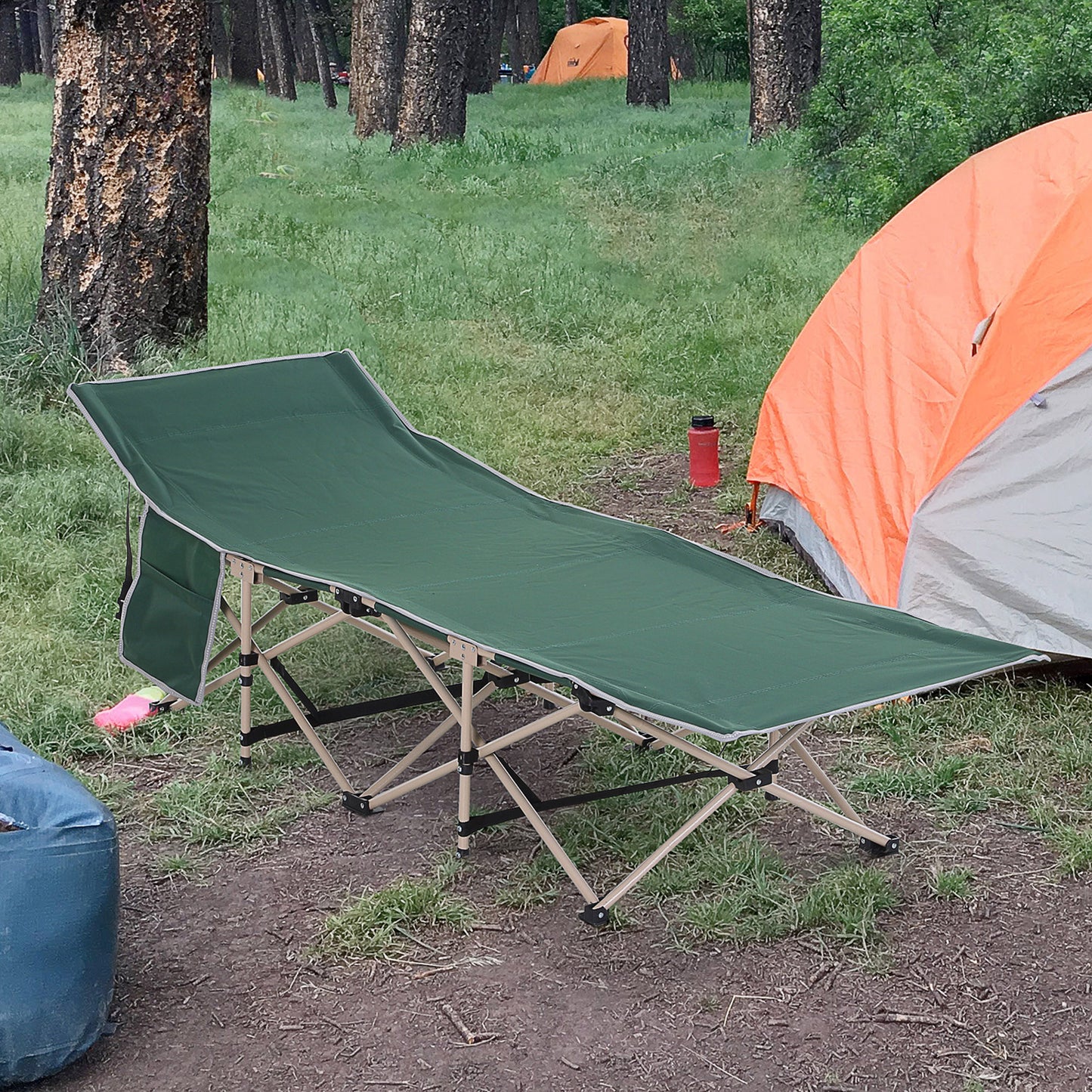 Outsunny Single Person Camping Bed Folding Cot Outdoor Patio Portable Military Sleeping Bed Travel Guest Leisure Fishing with Side Pocket and Carry Bag