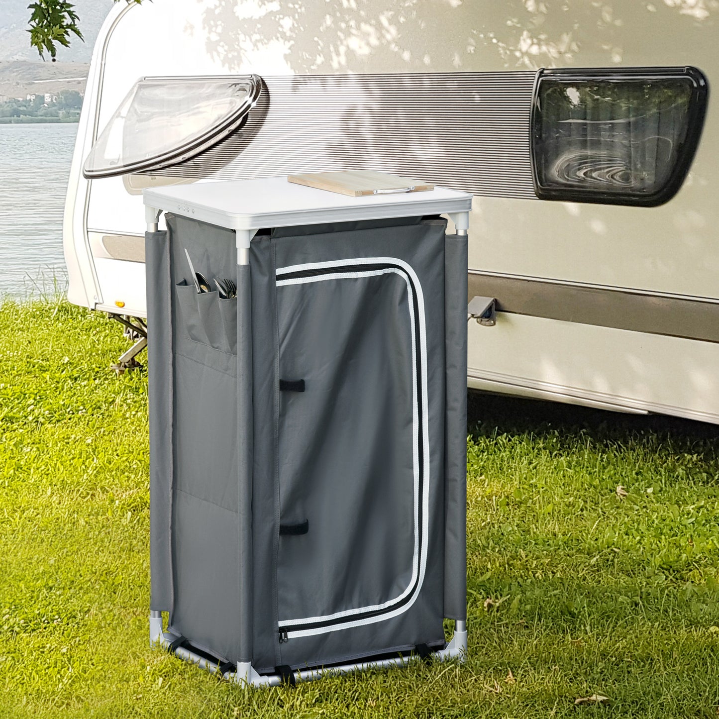 Outsunny 3-Shelf Camping Cupboard Camping Kitchen Station Cook Table, Storage Organiser for BBQ Party Picnics Backyards with Carrying Bag