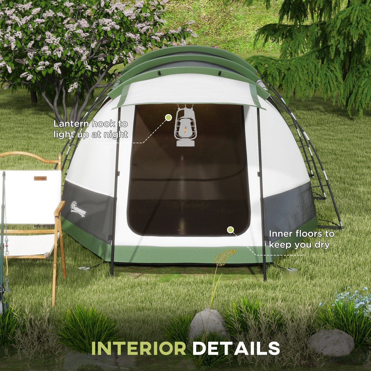 Outsunny Three-Man Camping Tent, with Two Rooms and Porch