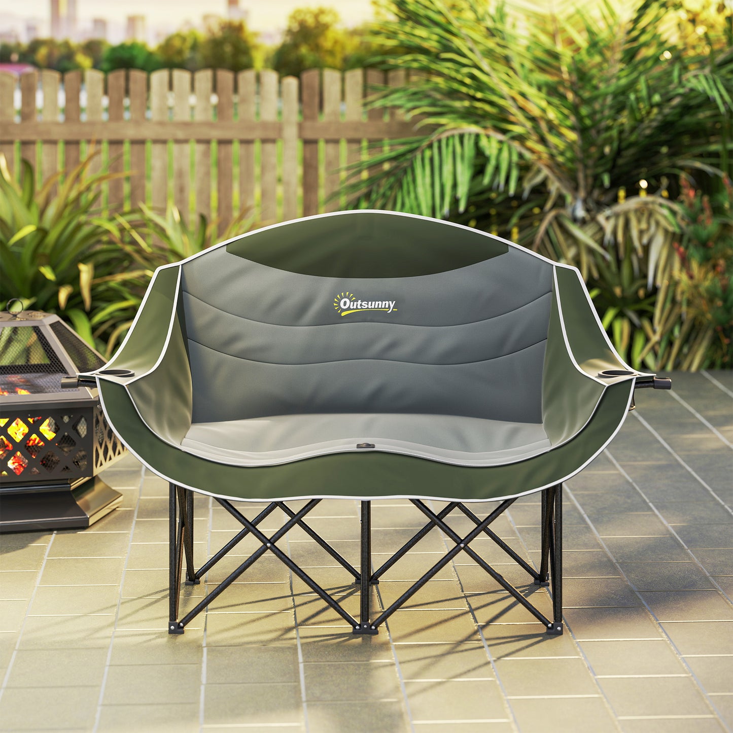 Outsunny Double Camping Chair for Adults, Oversized Heavy Duty Padded Folding Chair with Armrests, Cup Holders and Carry Bag for Outdoor Camping Hiking Picnic Fishing, 250kg Capacity