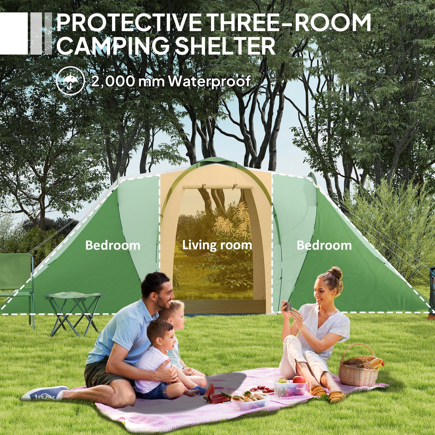 Outsunny Large Camping Tent Tunnel Tent with 2 Bedroom and Living Area, 2000mm Waterproof, Portable with Bag for 4-6 Man
