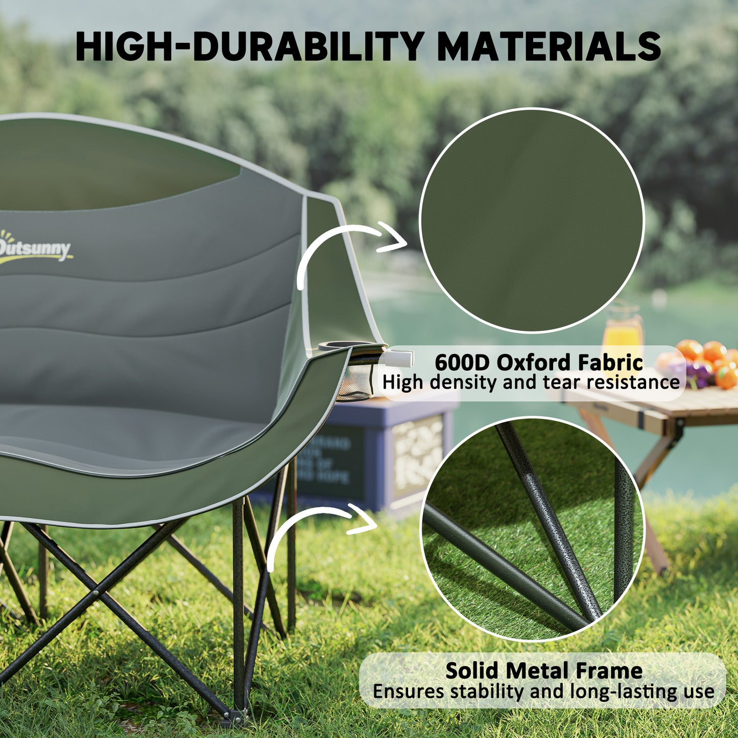 Outsunny Double Camping Chair for Adults, Oversized Heavy Duty Padded Folding Chair with Armrests, Cup Holders and Carry Bag for Outdoor Camping Hiking Picnic Fishing, 250kg Capacity