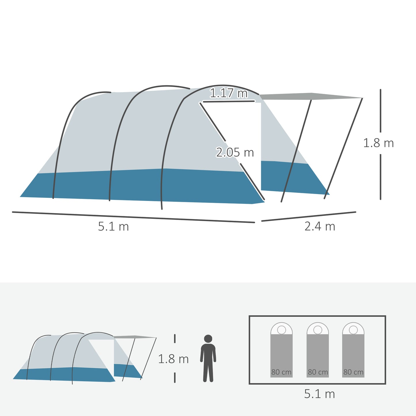 Outsunny 6-8 Person Tunnel Tent, Camping Tent with Bedroom, Living Room, Sewn-in Floor, 3 Doors and Carry Bag, 2000mm Water Column for Fishing, Hiking, Sports, and Traveling