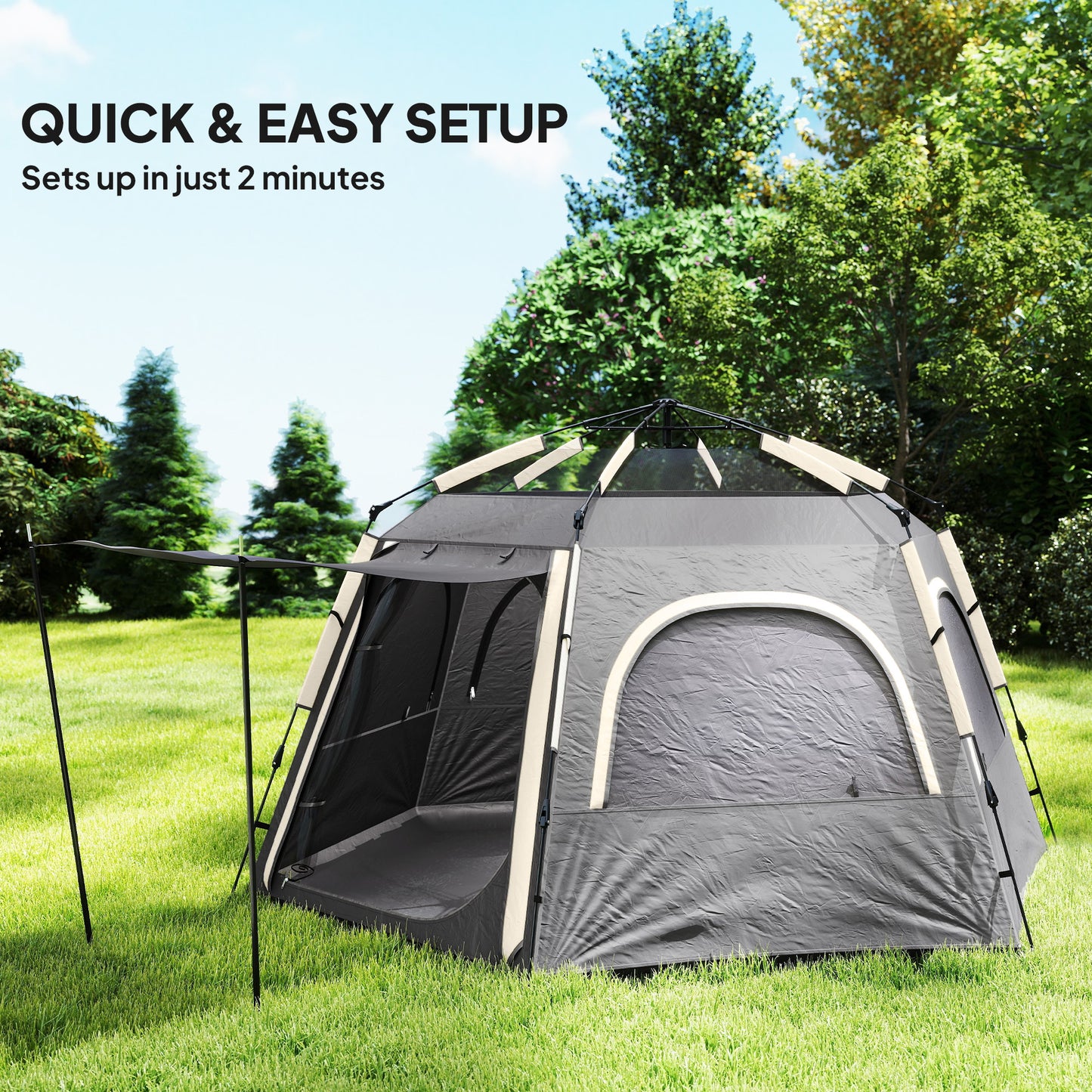 Outsunny Instant Camping Tent, 2/3/4 Person Easy Setup Dome Family Tent with Vestibule, Rainfly, 4 Mesh Windows & 2 Doors, Hexagonal Design, Waterproof & UV Protected