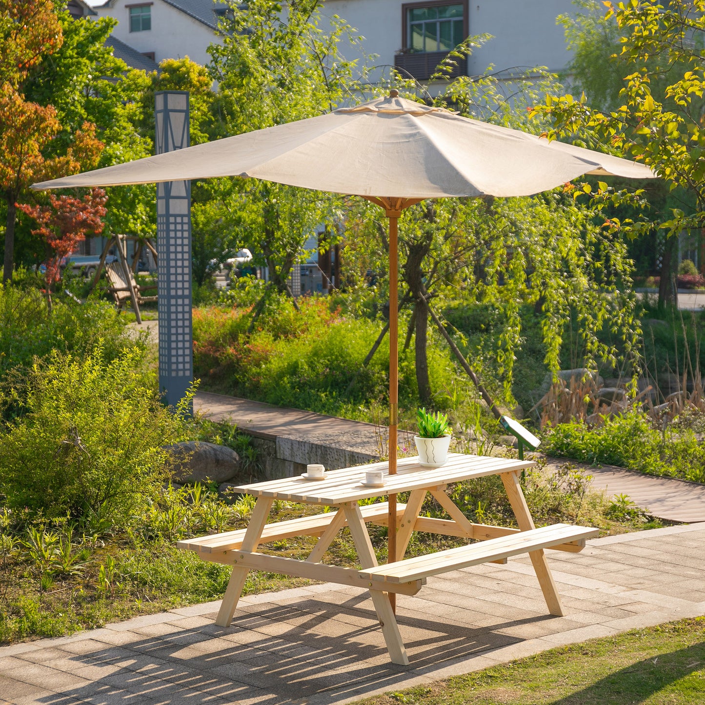 Outsunny 6 Seater Wooden Picnic Table Bench for Outdoor Garden or Patio with Parasol Cutout 150 cm Natural Wood Finish