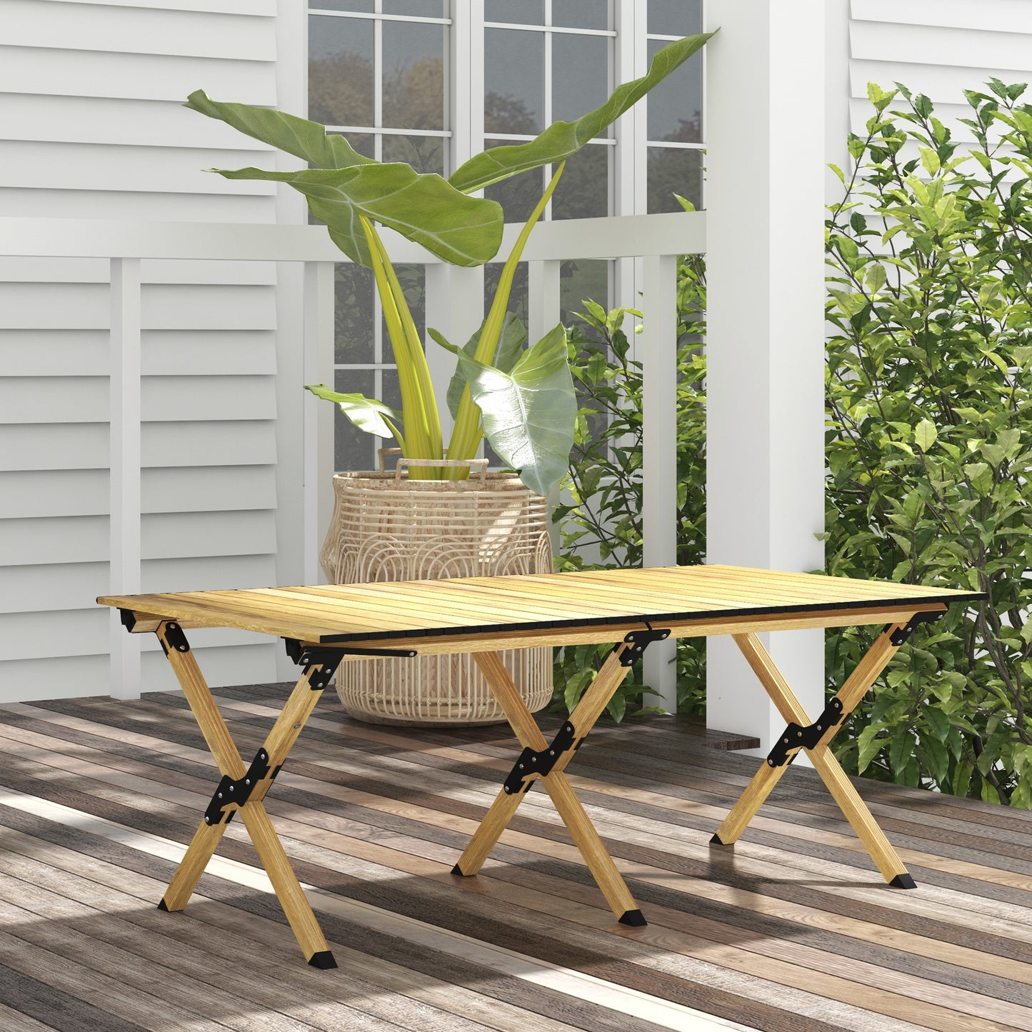 Outsunny Portable Camping Table, 4ft Aluminium Folding Table with Roll-Up Top, Picnic Table for Indoor, Outdoor, Party, BBQ, Beach, Natural Wood Effect