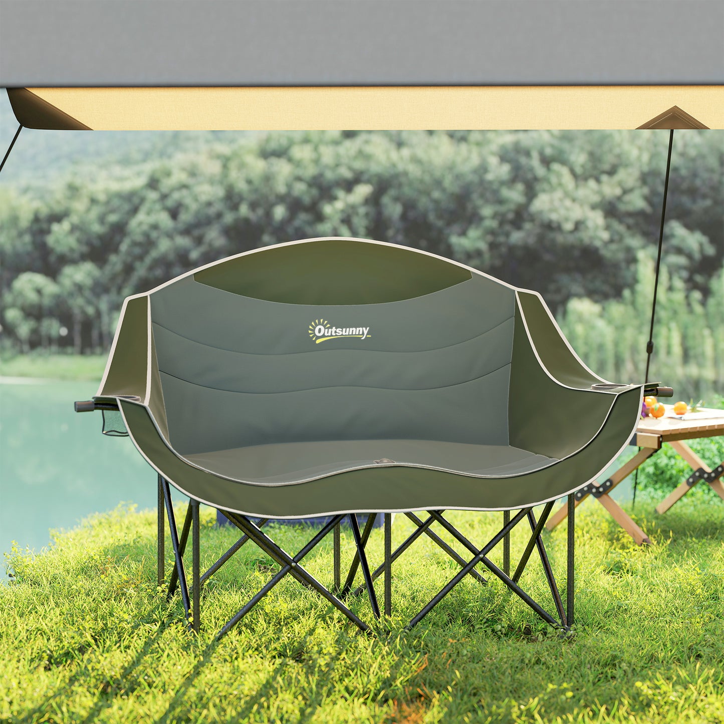 Outsunny Double Camping Chair for Adults, Oversized Heavy Duty Padded Folding Chair with Armrests, Cup Holders and Carry Bag for Outdoor Camping Hiking Picnic Fishing, 250kg Capacity