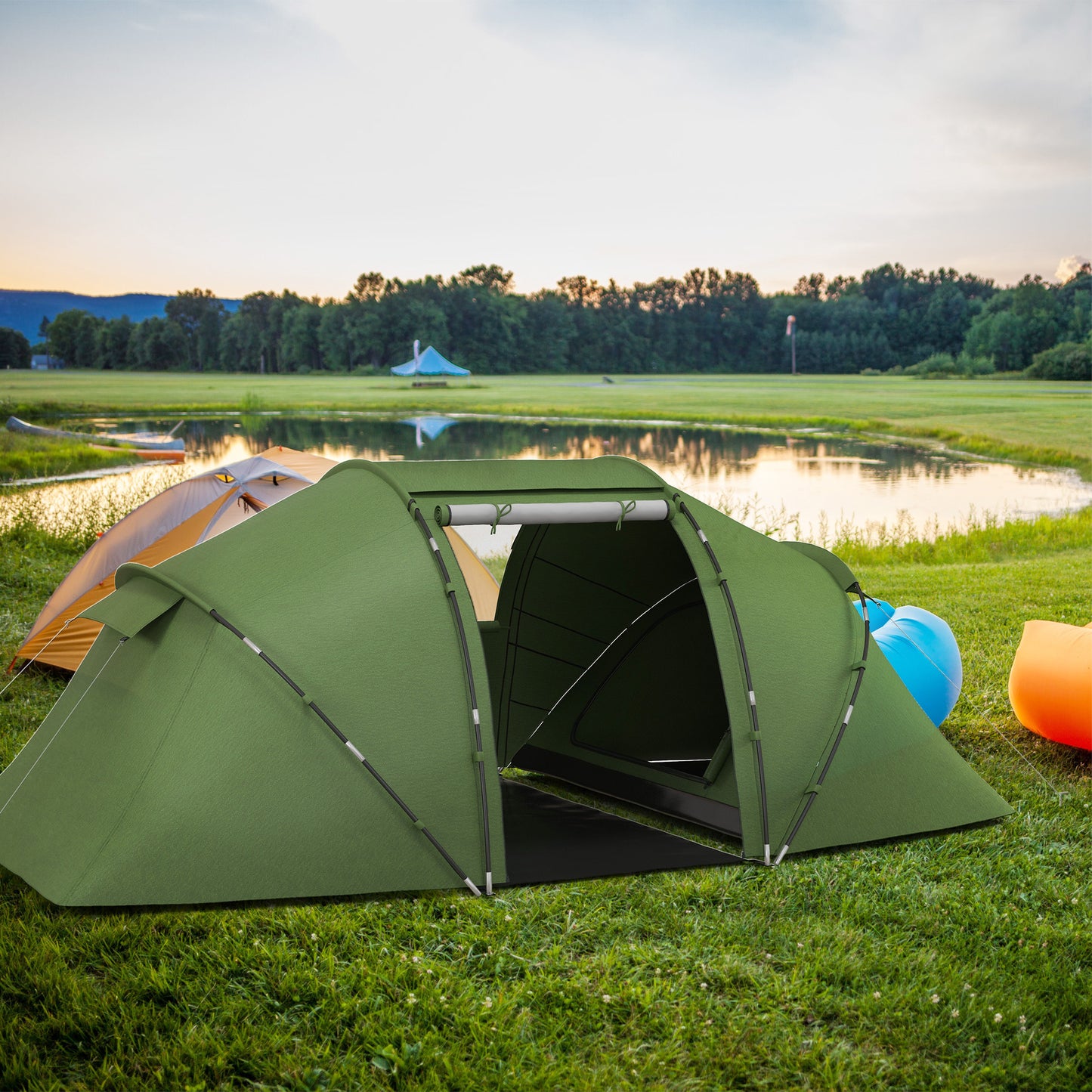 Outsunny 4-6 Man Camping Tent with Living Area and 2 Bedrooms, Hiking Sun Shelter, UV Protection Tunnel Tent