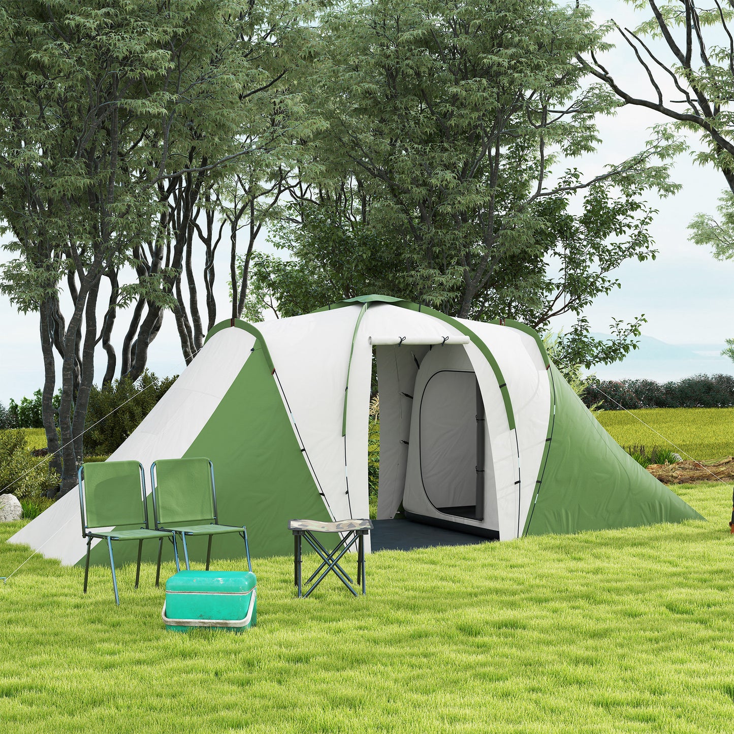 Outsunny Large Camping Tent Tunnel Tent with 2 Bedroom and Living Area, 2000mm Waterproof, Portable with Bag for 4-6 Man