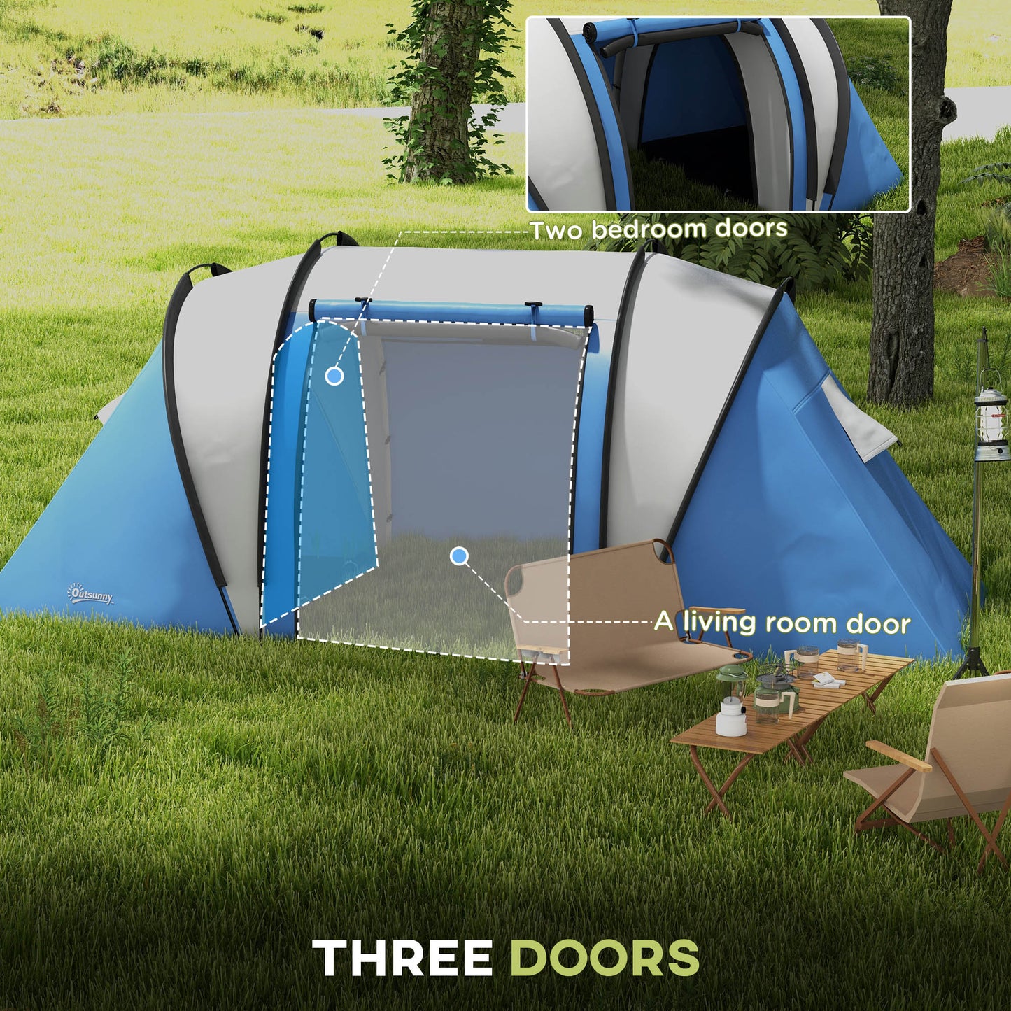 Outsunny Camping Tent with 2 Bedrooms and Living Area, 3000mm Waterproof Family Tent, for Fishing Hiking Festival