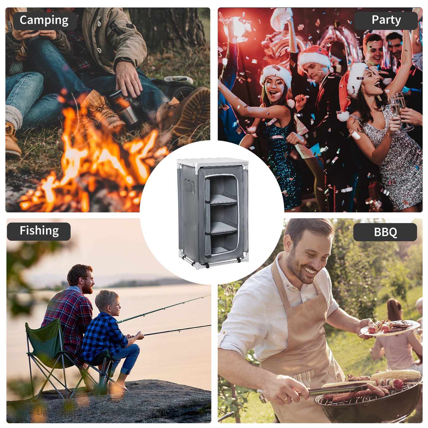 Outsunny 3-Shelf Camping Cupboard Camping Kitchen Station Cook Table, Storage Organiser for BBQ Party Picnics Backyards with Carrying Bag