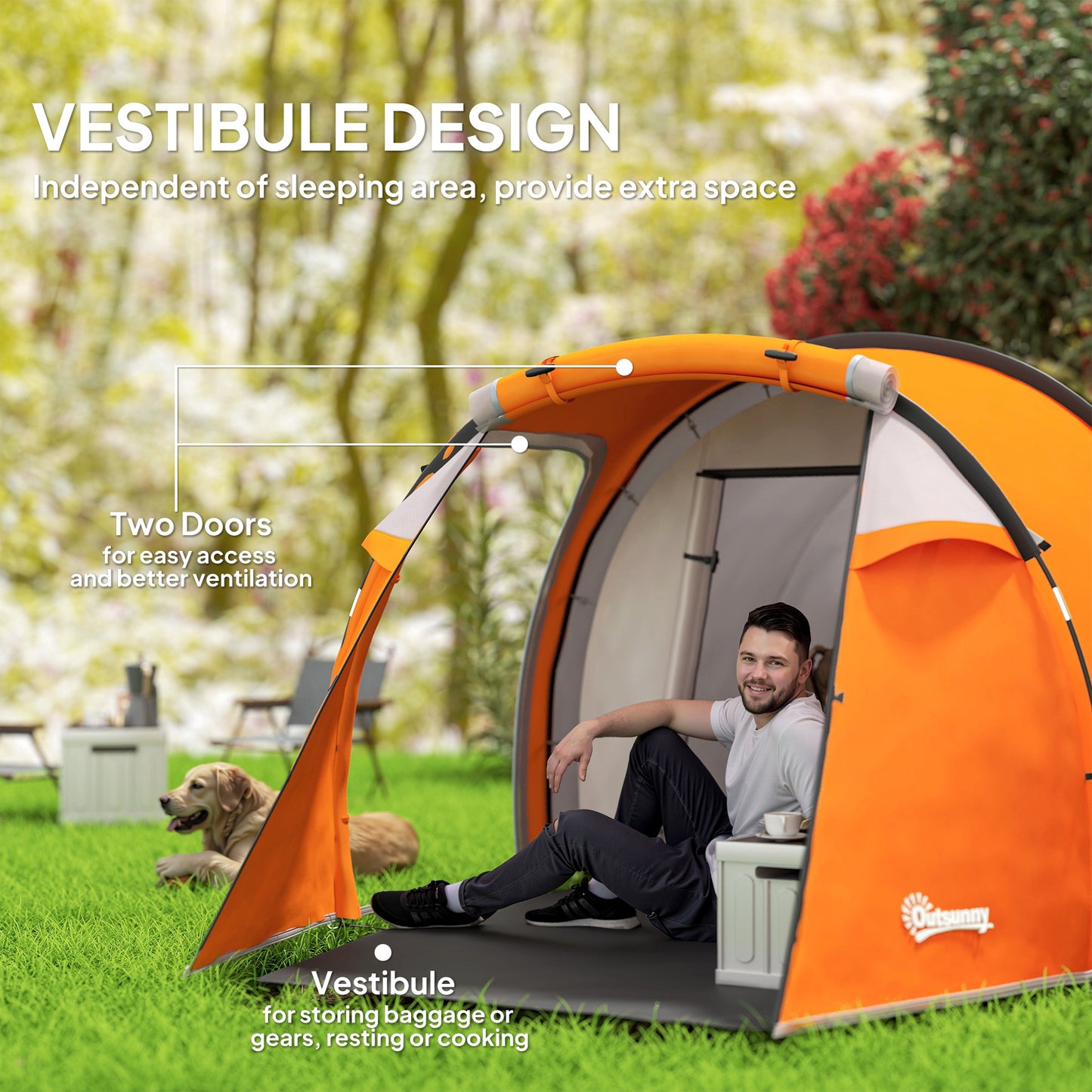 Outsunny 2-3 Man Tunnel Tents w/ Vestibule Camping Tent Porch Air Vents Weather-Resistant Shelter