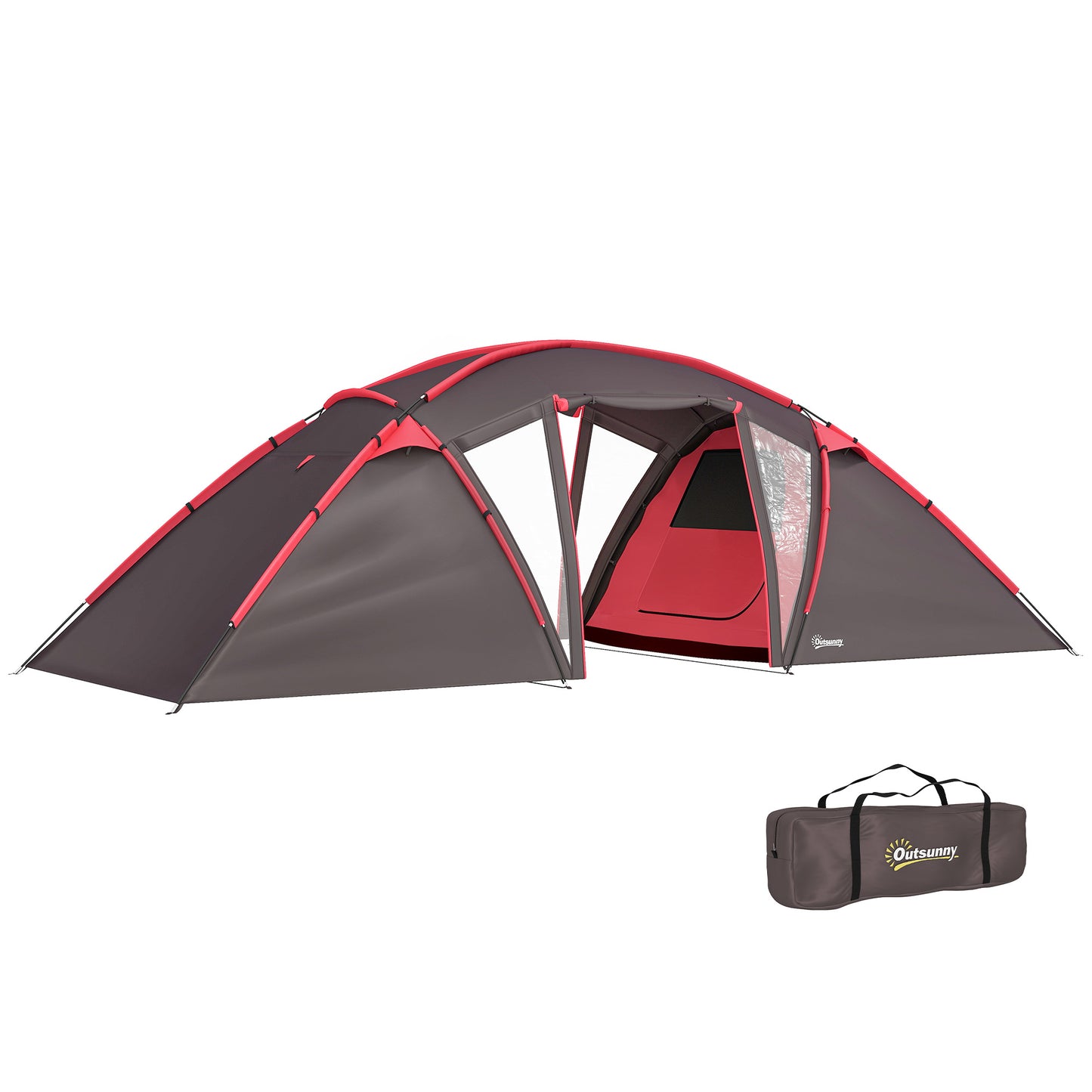 Outsunny 4-6 Man Family Camping Tent w/ 2 Bedrooms and a Living Room, Waterproof Tunnel Tent w/ Sewn In Groundsheet, Doors, Windows, Carry Bag