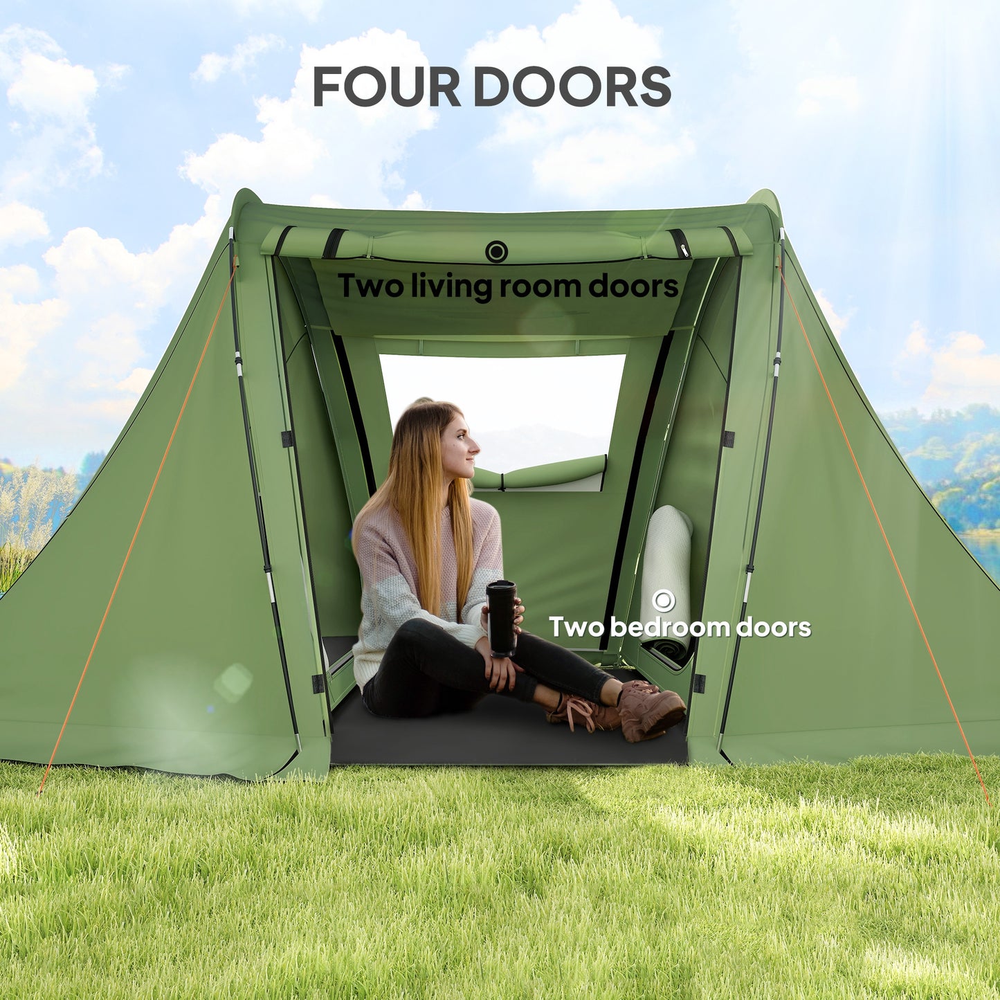 Outsunny 3 Man Camping Tent with Living Area and 2 Bedrooms, 3000mm Waterproof Family Tent with Sewn-in Groundsheet, Portable with Bag for Hiking, Festival, Backpacking