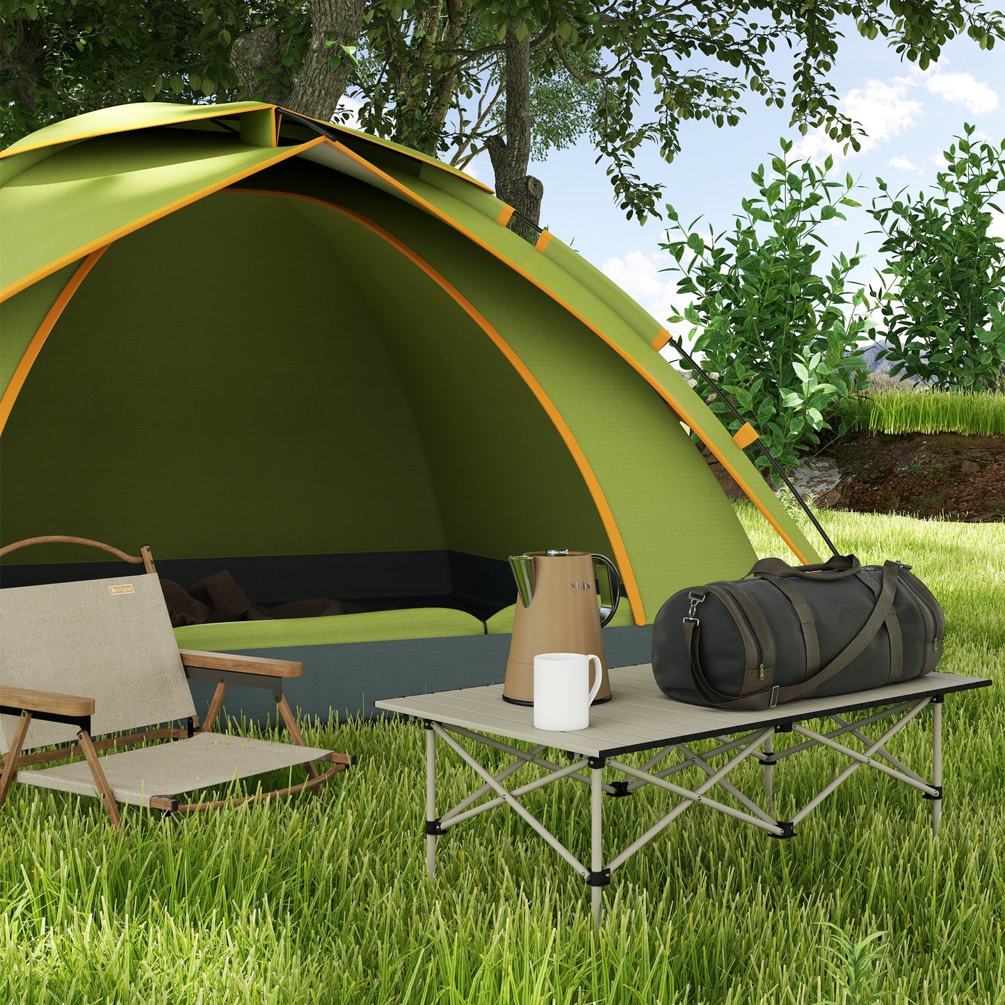 Outsunny Two-Seater Portable Aluminium Table, with Roll-Up Tabletop and Bag