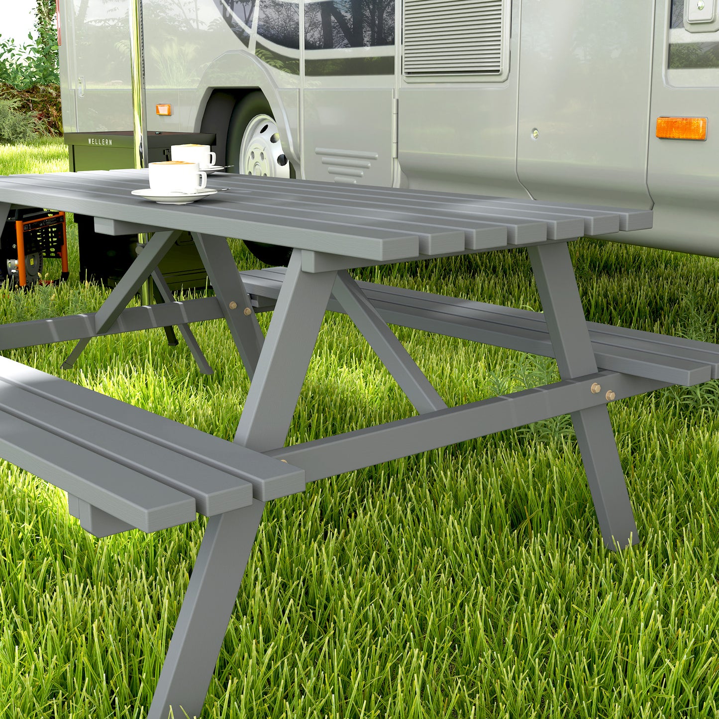 Outsunny 6 Seater Wooden Picnic Table Bench for Outdoor Garden or Patio with Parasol Cutout 150 cm