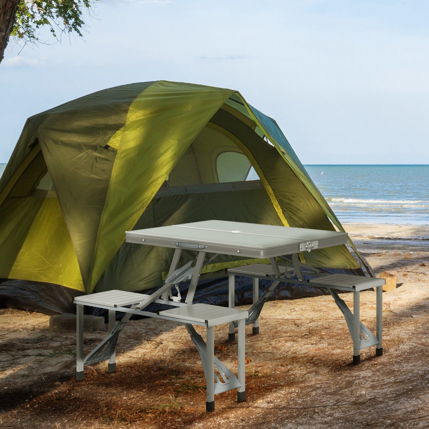 Outsunny Folding Picnic Table with 4 Seats and Umbrella Hole