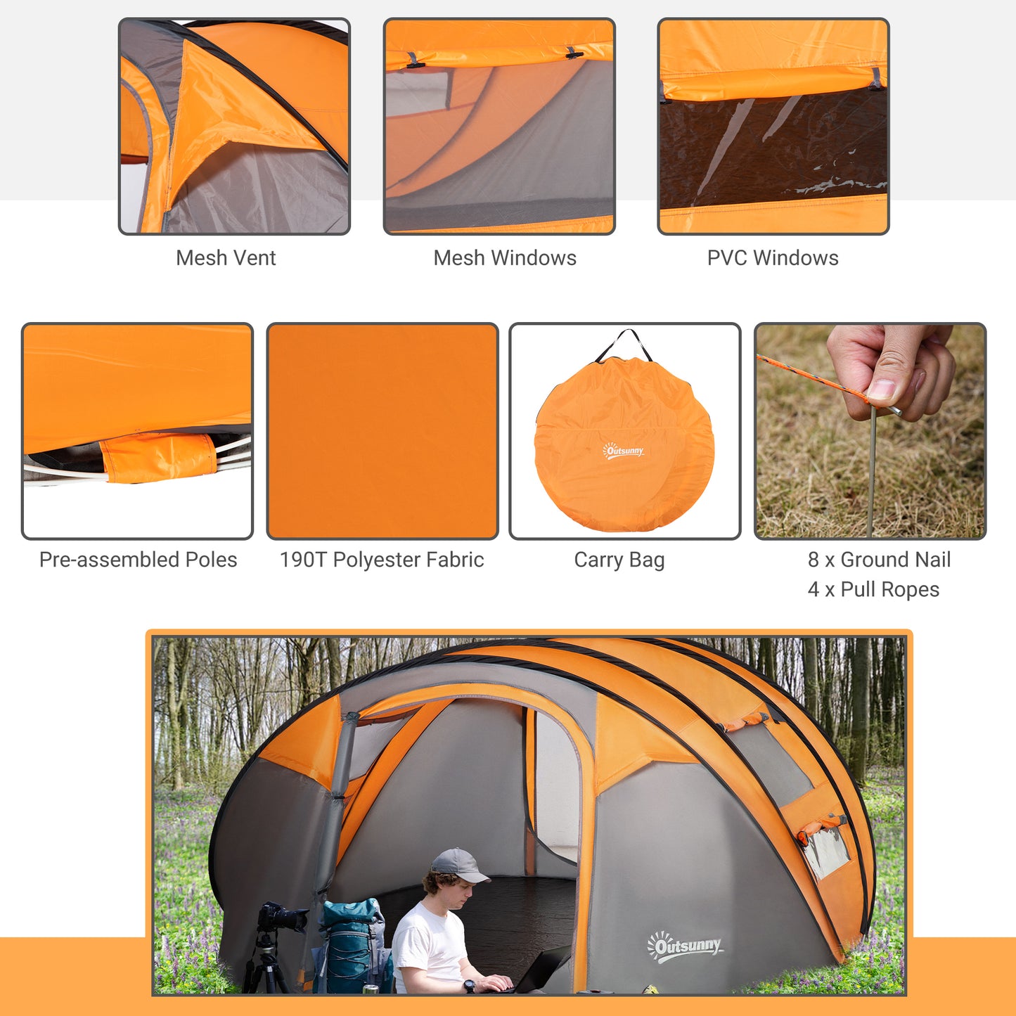 Outsunny 4-5 Person Pop-up Camping Tent Family Tent w/ 2 Mesh Windows & PVC Windows Portable Carry Bag for Outdoor Trip