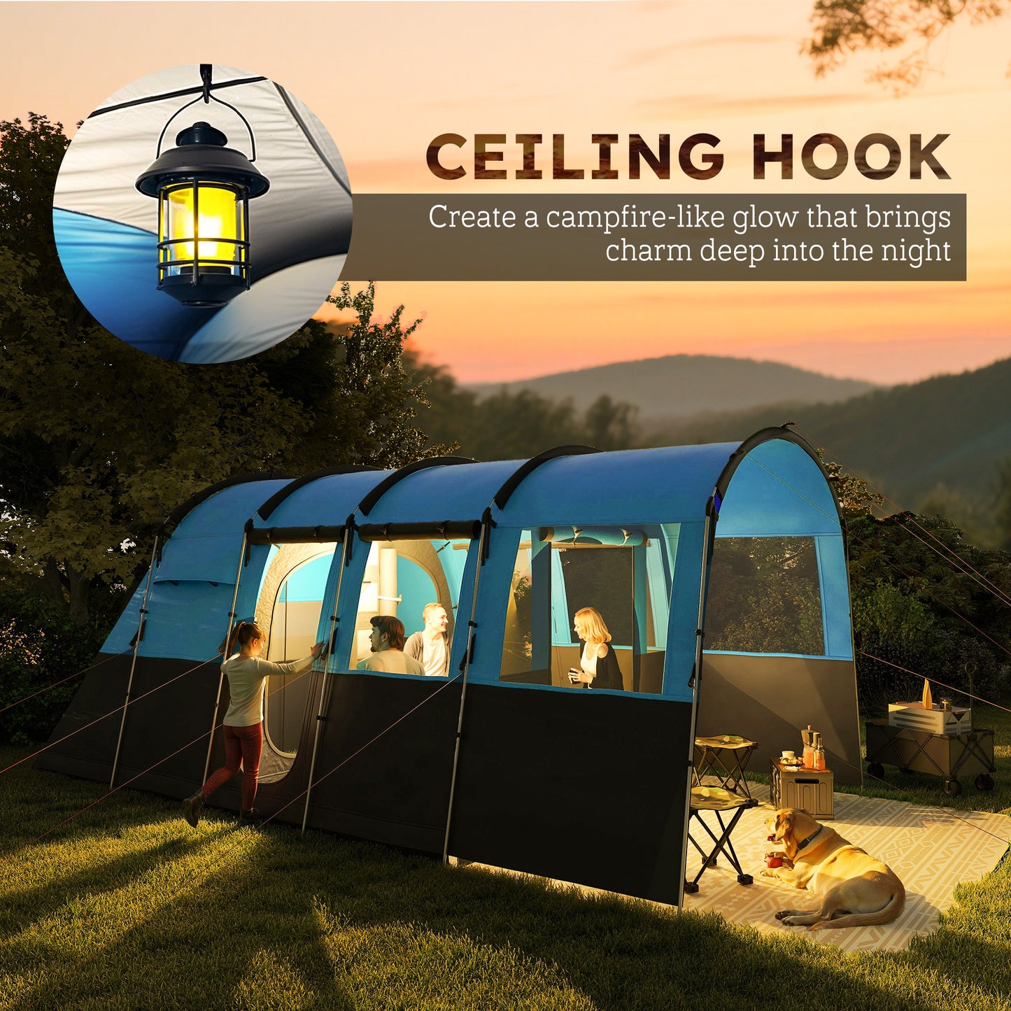 Outsunny 8-Person Camping Tent, Waterproof Family Tent, Tunnel Design, 4 Large Windows, Sleeping Cabins 3000mm Water Column