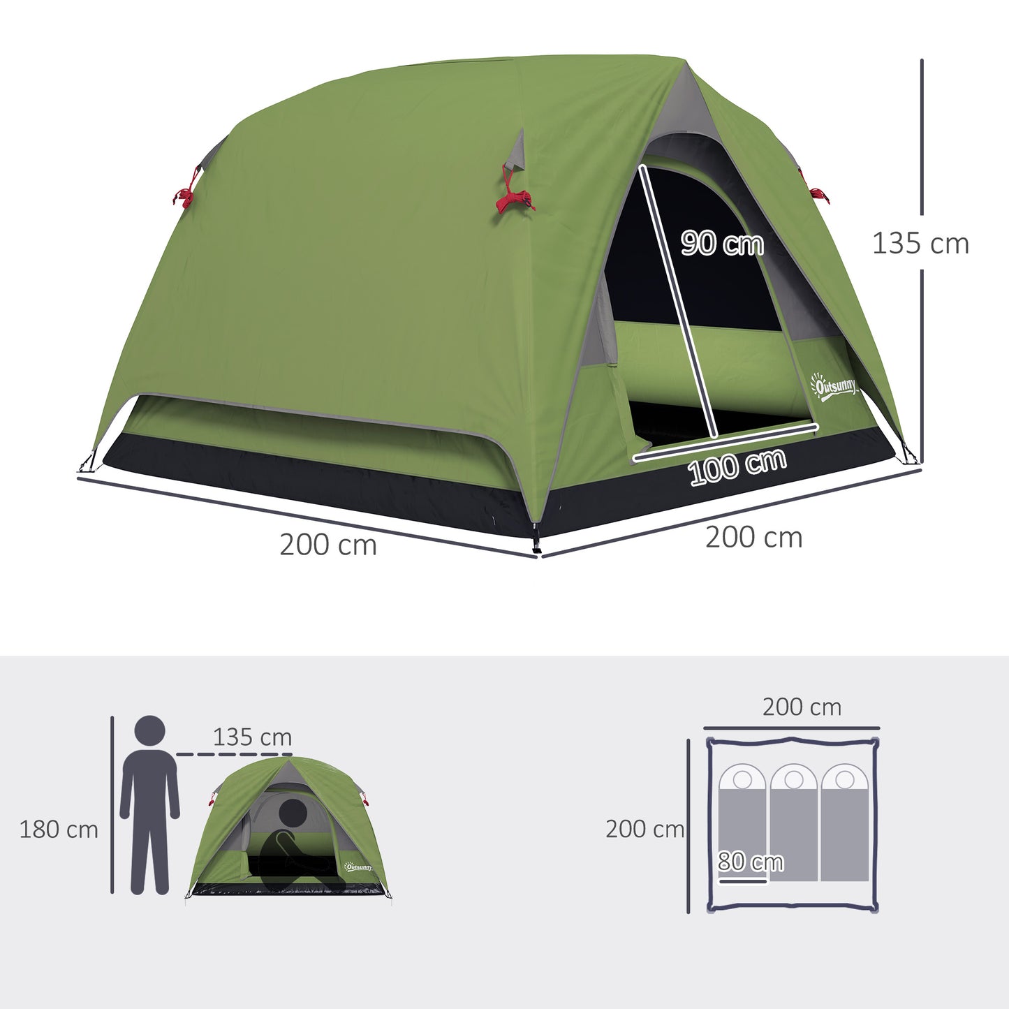 Outsunny 3-4 Person Camping Tent, Easy Set Up Waterproof Dome Tent with Sewn-in Groundsheet, Mesh Windows, Pocket and Hook for Camping, Hiking, Backpacking