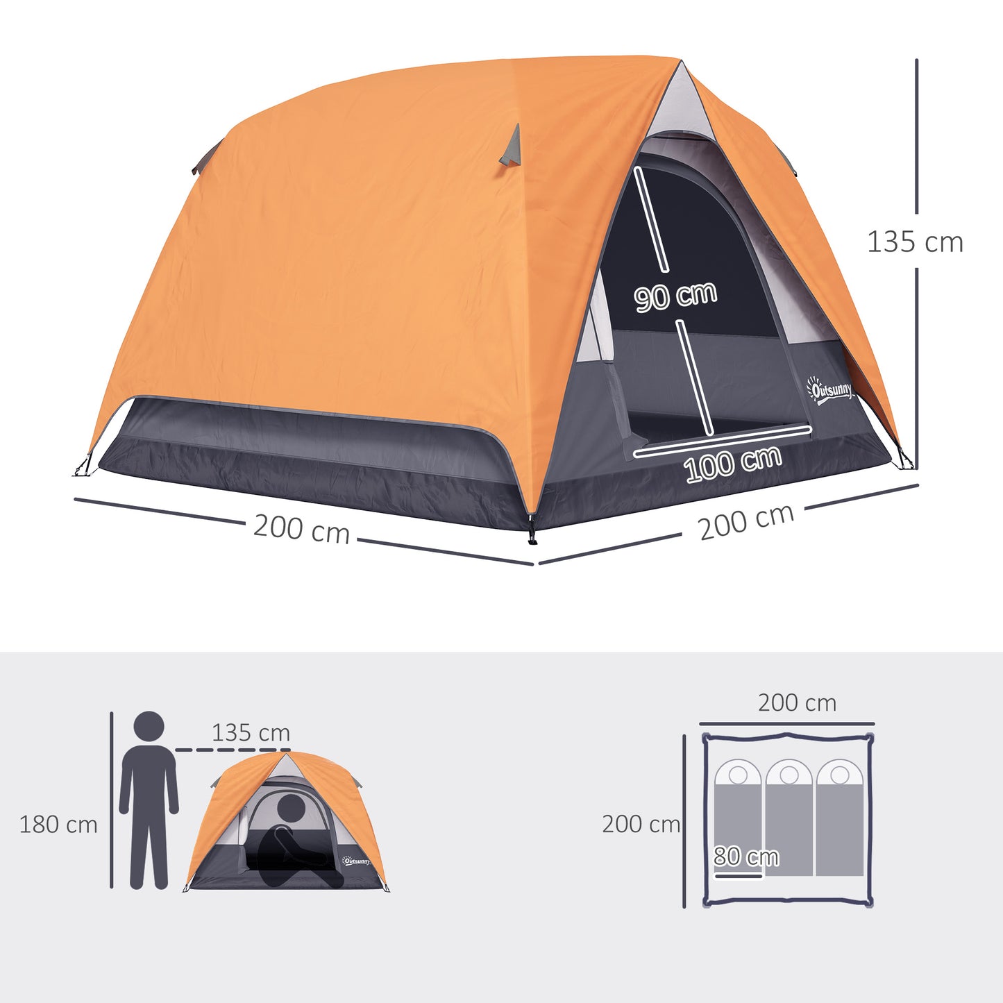 Outsunny 3-4 Person Camping Tent, Easy Set Up Waterproof Dome Tent with Sewn-in Groundsheet, Mesh Windows, Pocket and Hook for Camping, Hiking, Backpacking