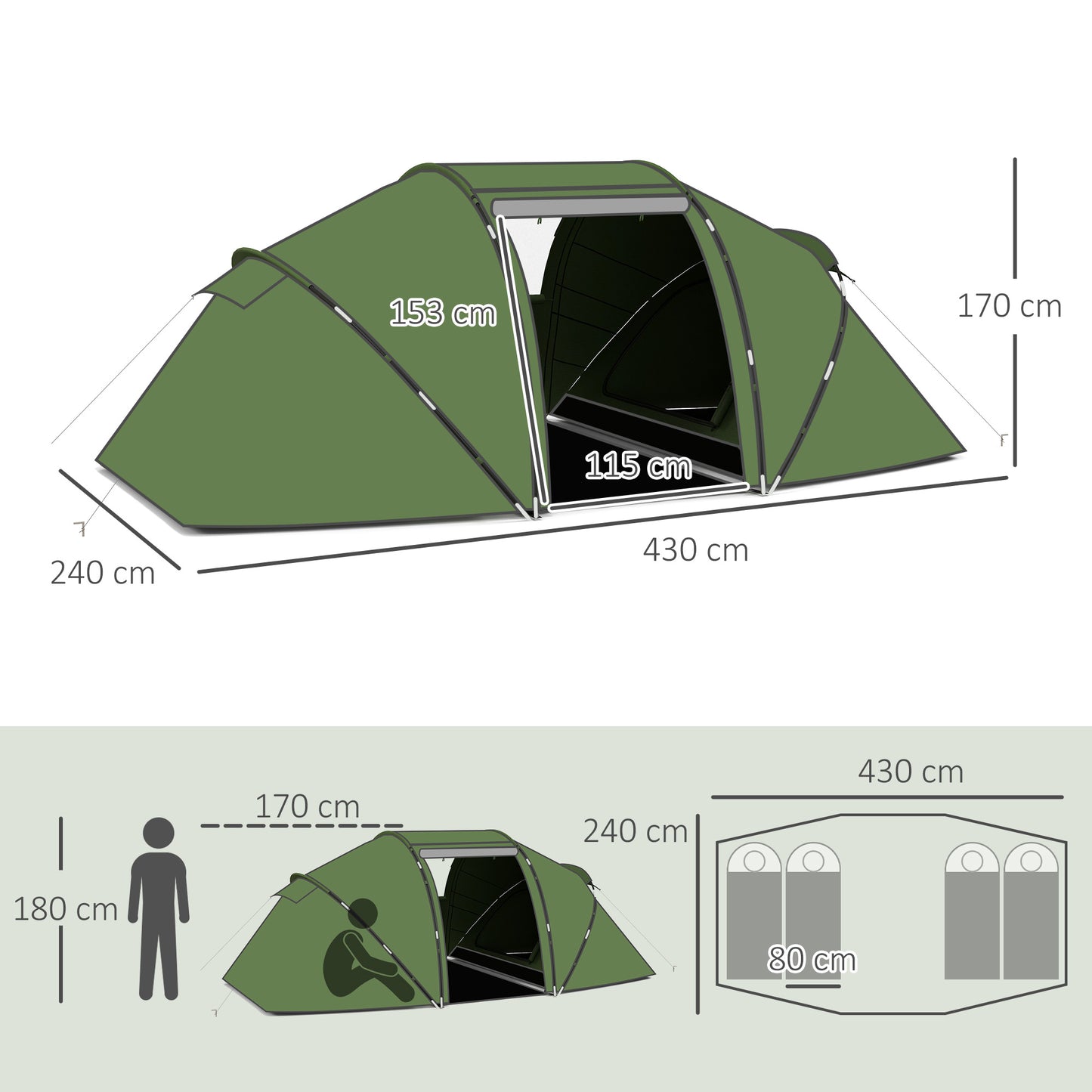 Outsunny 4-6 Man Camping Tent with Living Area and 2 Bedrooms, Hiking Sun Shelter, UV Protection Tunnel Tent