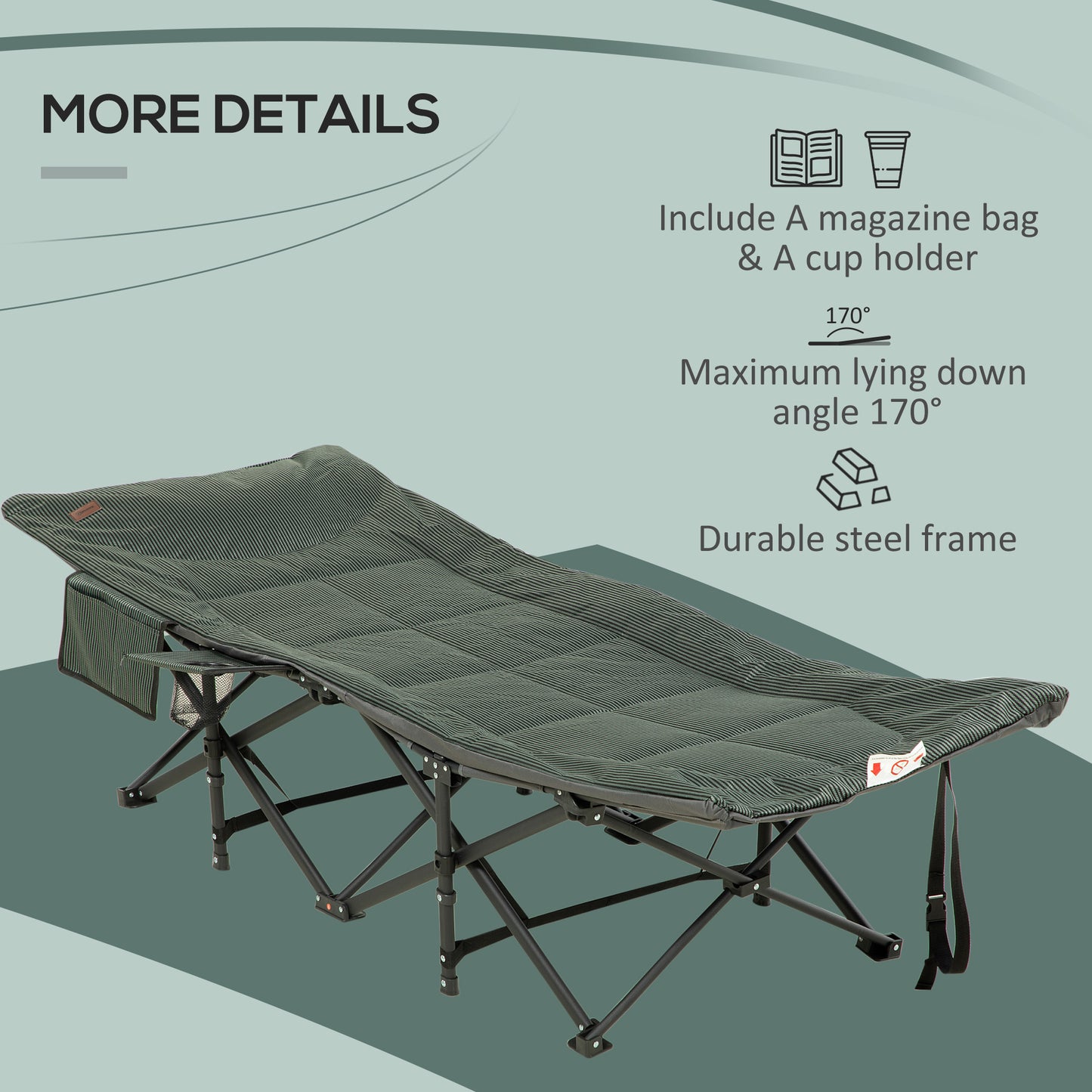 Outsunny Foldable Sun Lounger, Padded Patio Camping Bed with Carry Bag, Magazine Bag and Cup Holder for Outdoor, Garden