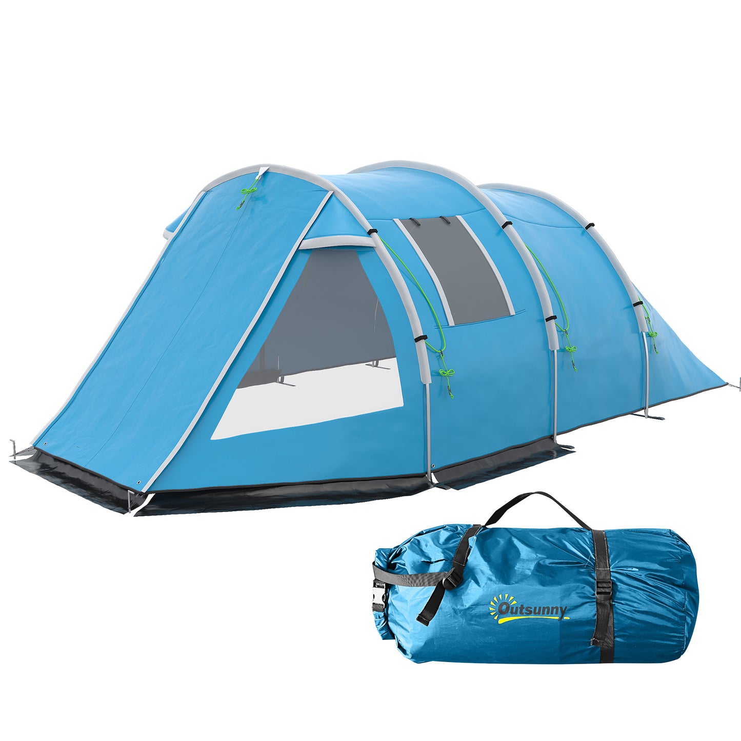 Outsunny 3-4 Man Tunnel Tent, Two Room Camping Tent with Windows and Covers, Portable Carry Bag, for Fishing, Hiking, Sports, Festival