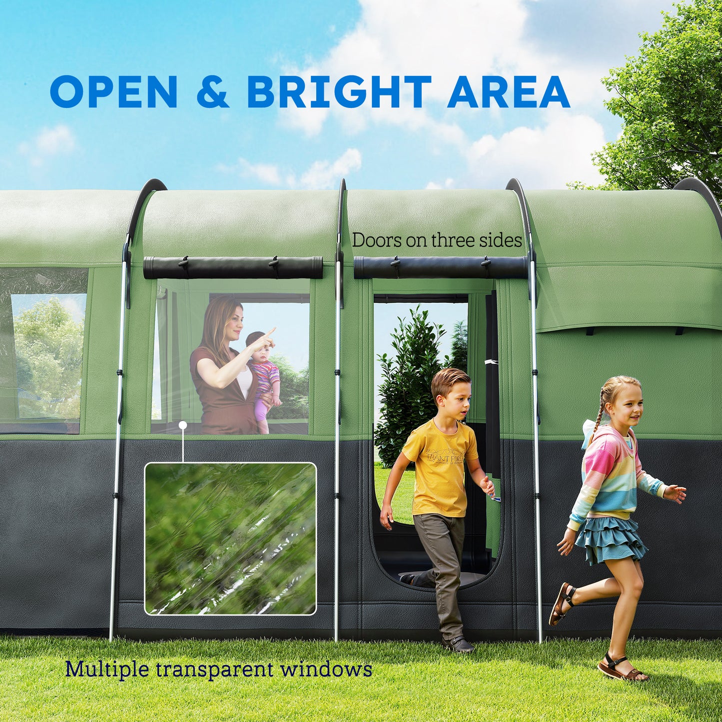 Outsunny 8-Person Camping Tent, Waterproof Family Tent, Tunnel Design, 4 Large Windows, Sleeping Cabins 3000mm Water Column