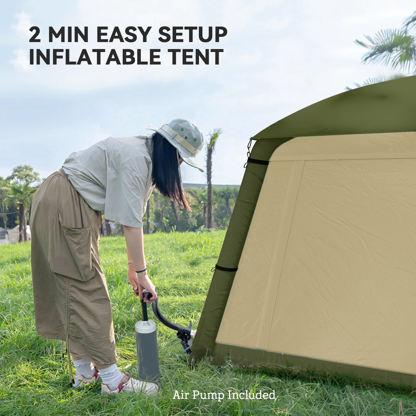 Outsunny Inflatable Camping Tent w/ Hand Pump, Easy Setup 1/2 Person Blow Up Tent Waterproof 190T Taffeta w/ Mesh Windows, Doors and Carry Bag