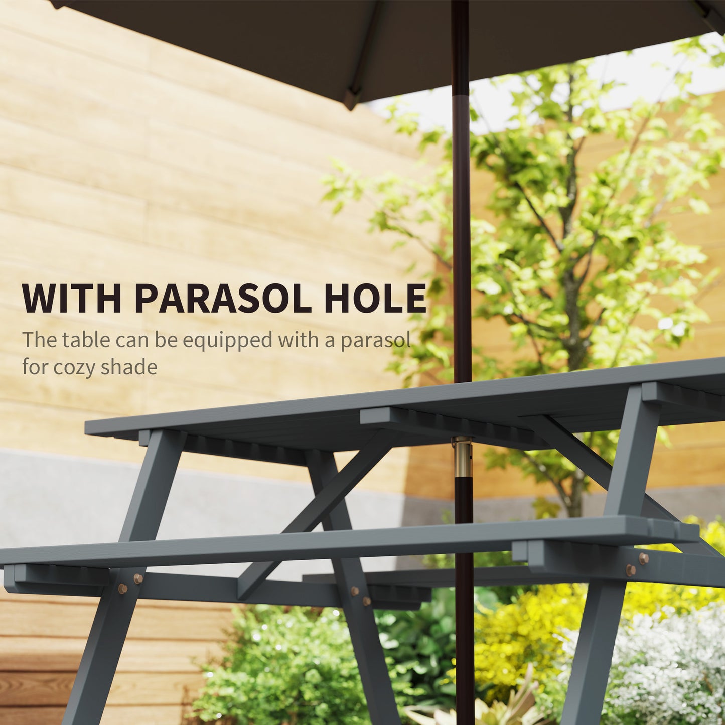 Outsunny 6 Seater Wooden Picnic Table Bench for Outdoor Garden or Patio with Parasol Cutout 150 cm