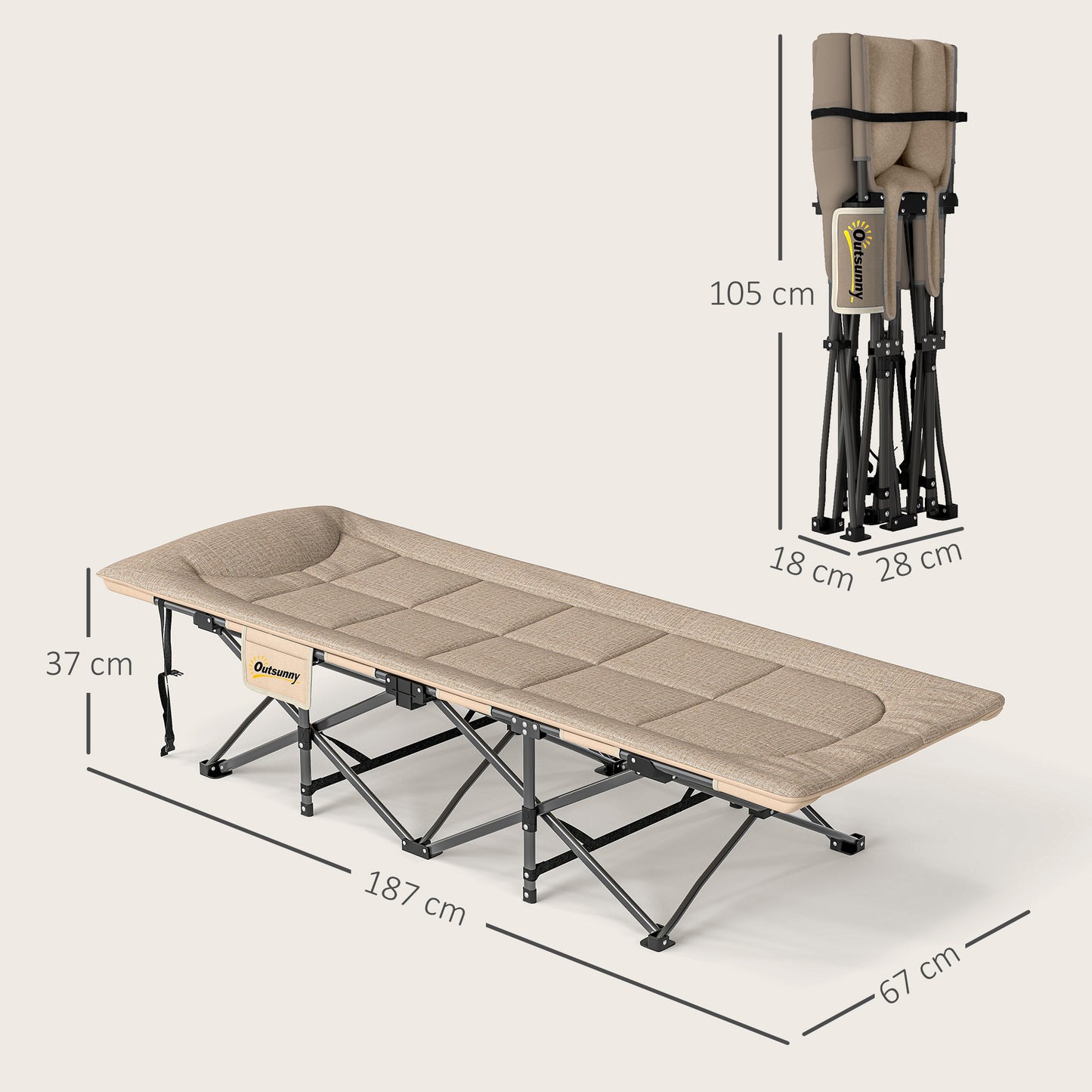 Outsunny Folding Camping Bed for Adults with Cushion, Heavy Duty Portable Travel Camping Cot with Headrest, Side Pocket and Non-Slip Foot Pads for Outdoor Beach Travel Office