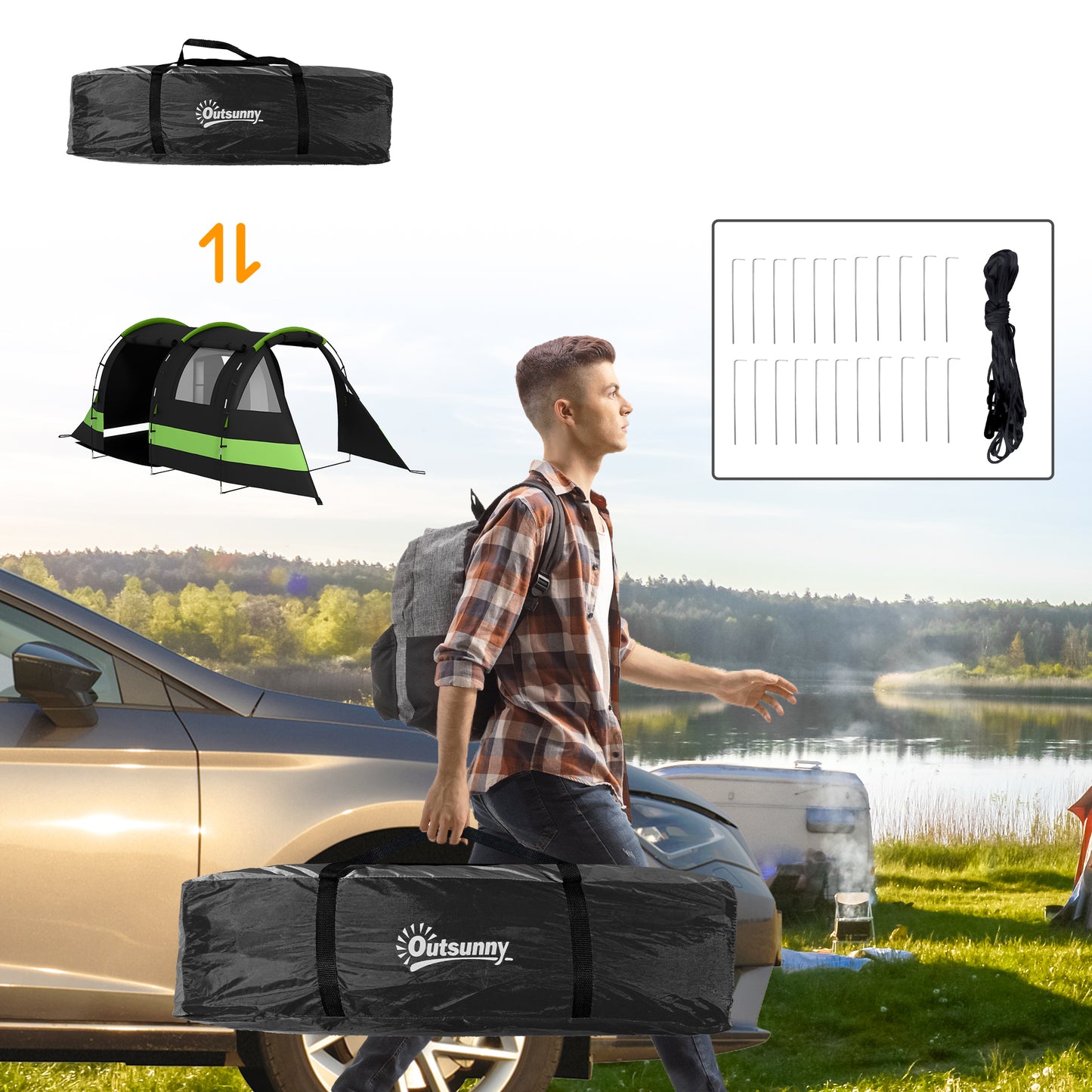 Outsunny Four Man, Two Room Blackout Tent, with Accessories