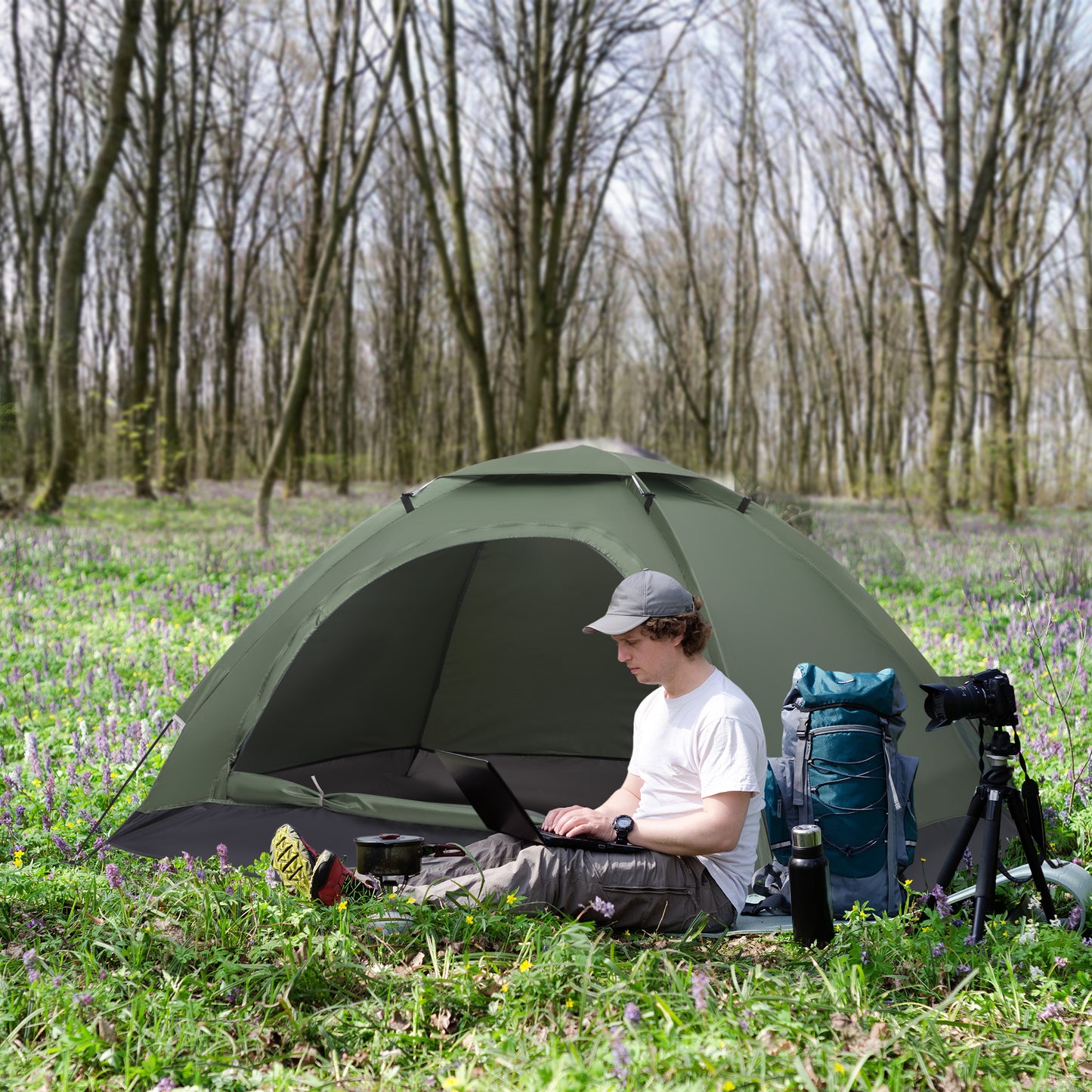 Outsunny 2 Person Camping Tent, Camouflage Tent with Zipped Doors, Storage Pocket, Portable Handy Bag