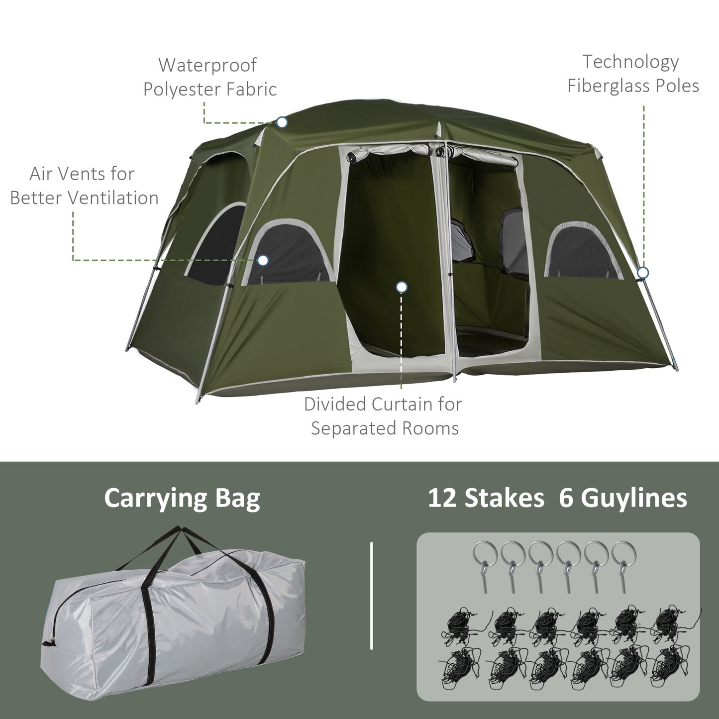 Outsunny Camping Tent, Family Tent 4-8 Person 2 Room, with Large Mesh Windows, Easy Set Up for Backpacking Hiking Outdoor