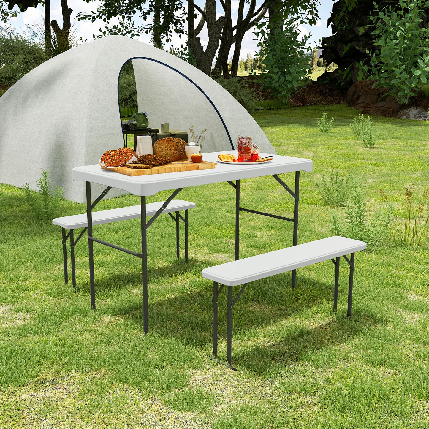 Outsunny Three-Piece Folding Picnic Table and Bench Set - Light Grey